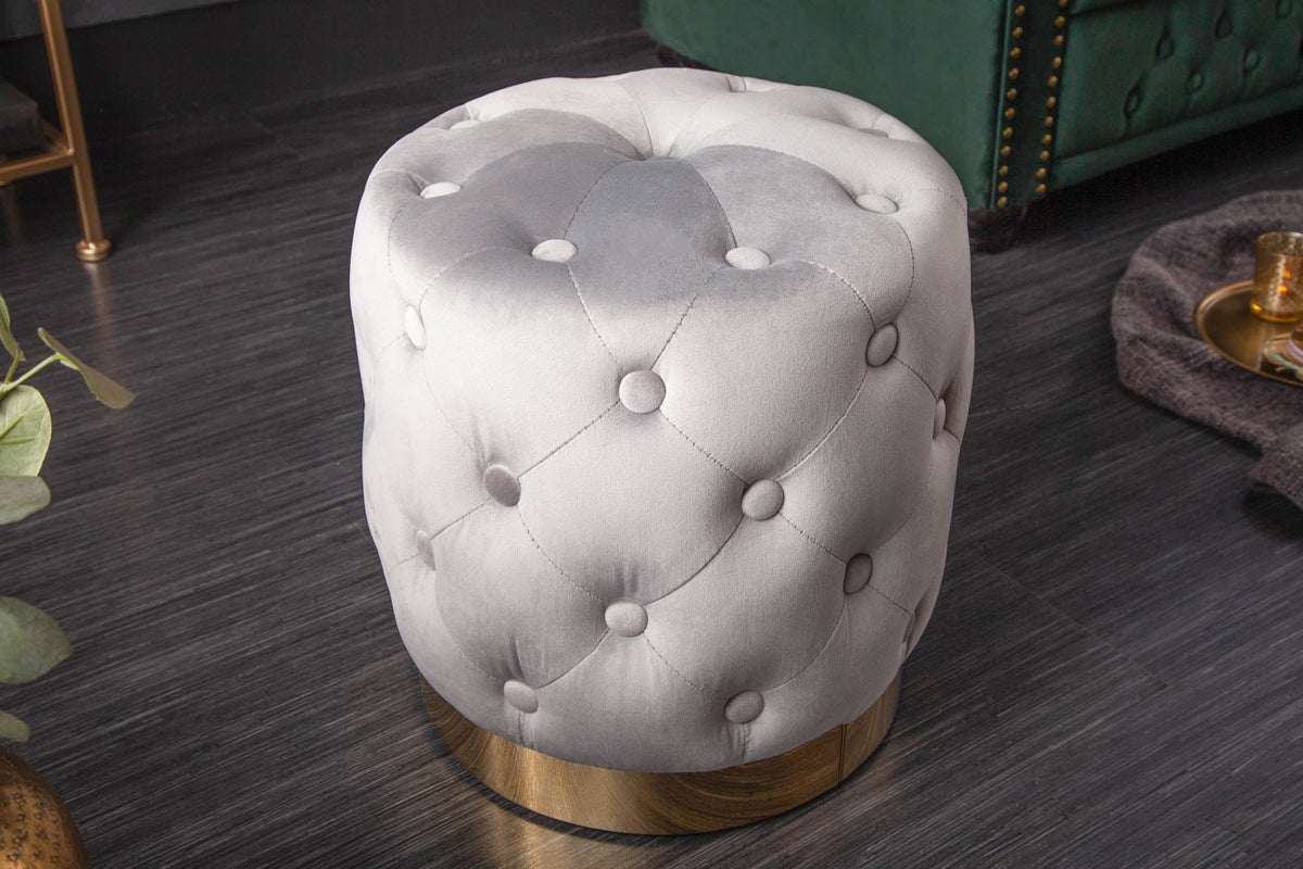 Design pouf MODERN BAROCK 37cm gris-noble or velours Chesterfield
