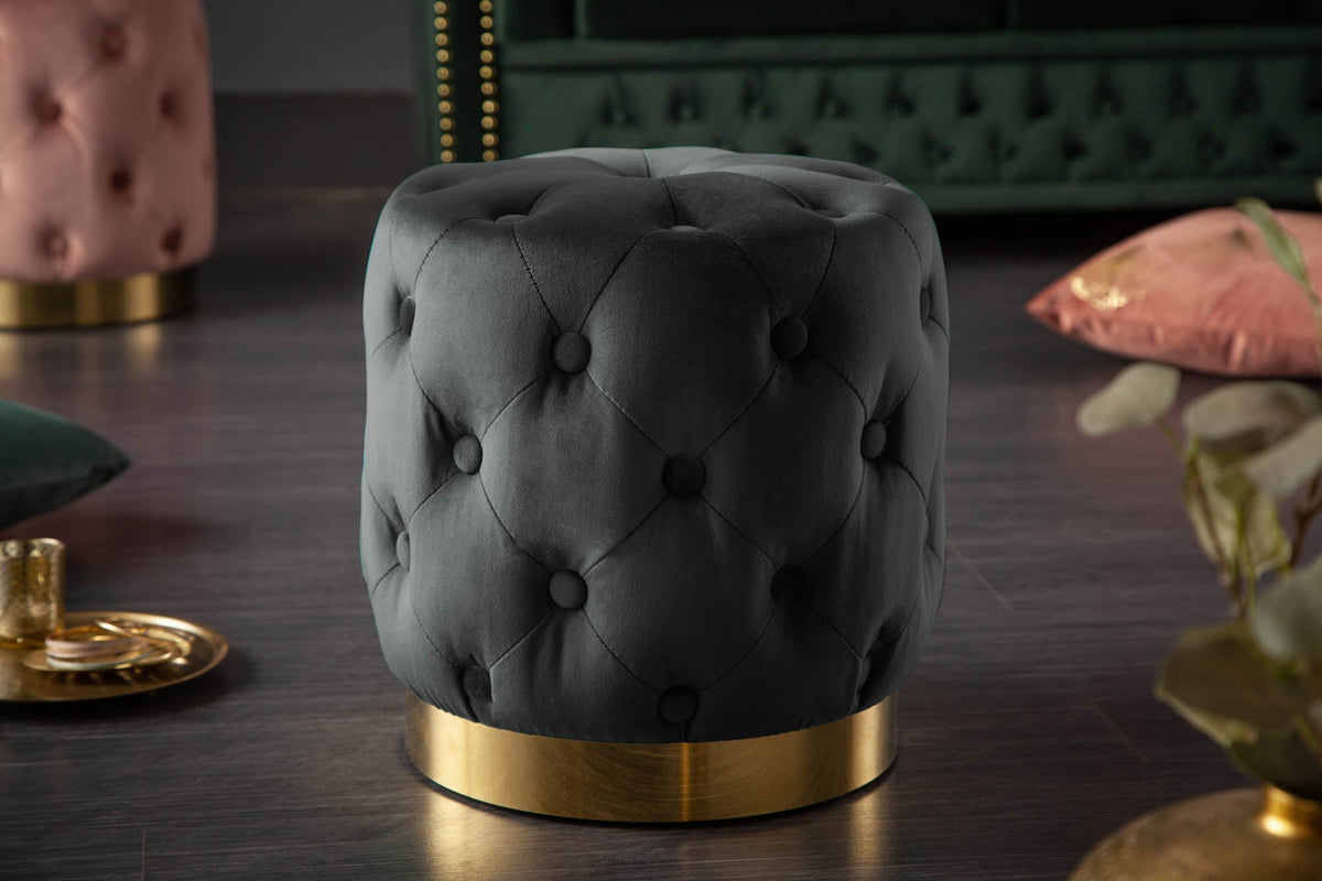 Design pouf MODERN BAROCK 40cm noir or velours Chesterfield