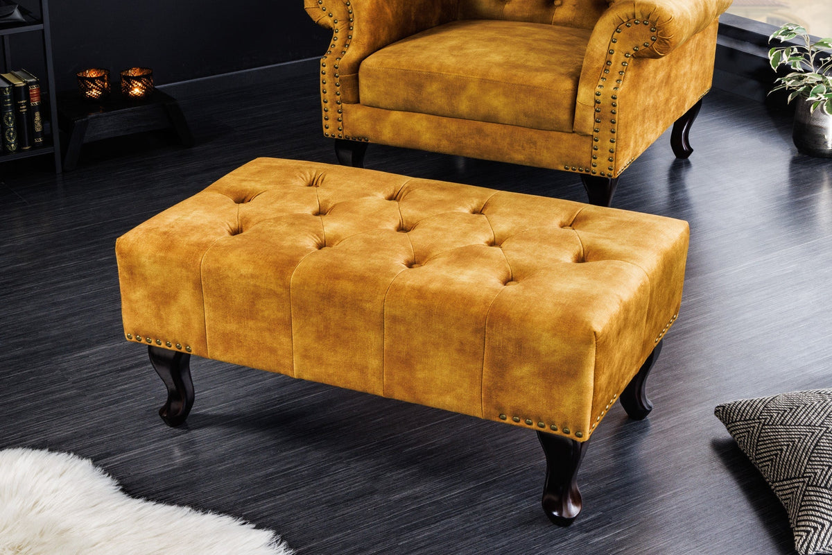 Design repose-pieds CHESTERFIELD 80cm jaune moutarde velours boutonnage clous décoratifs