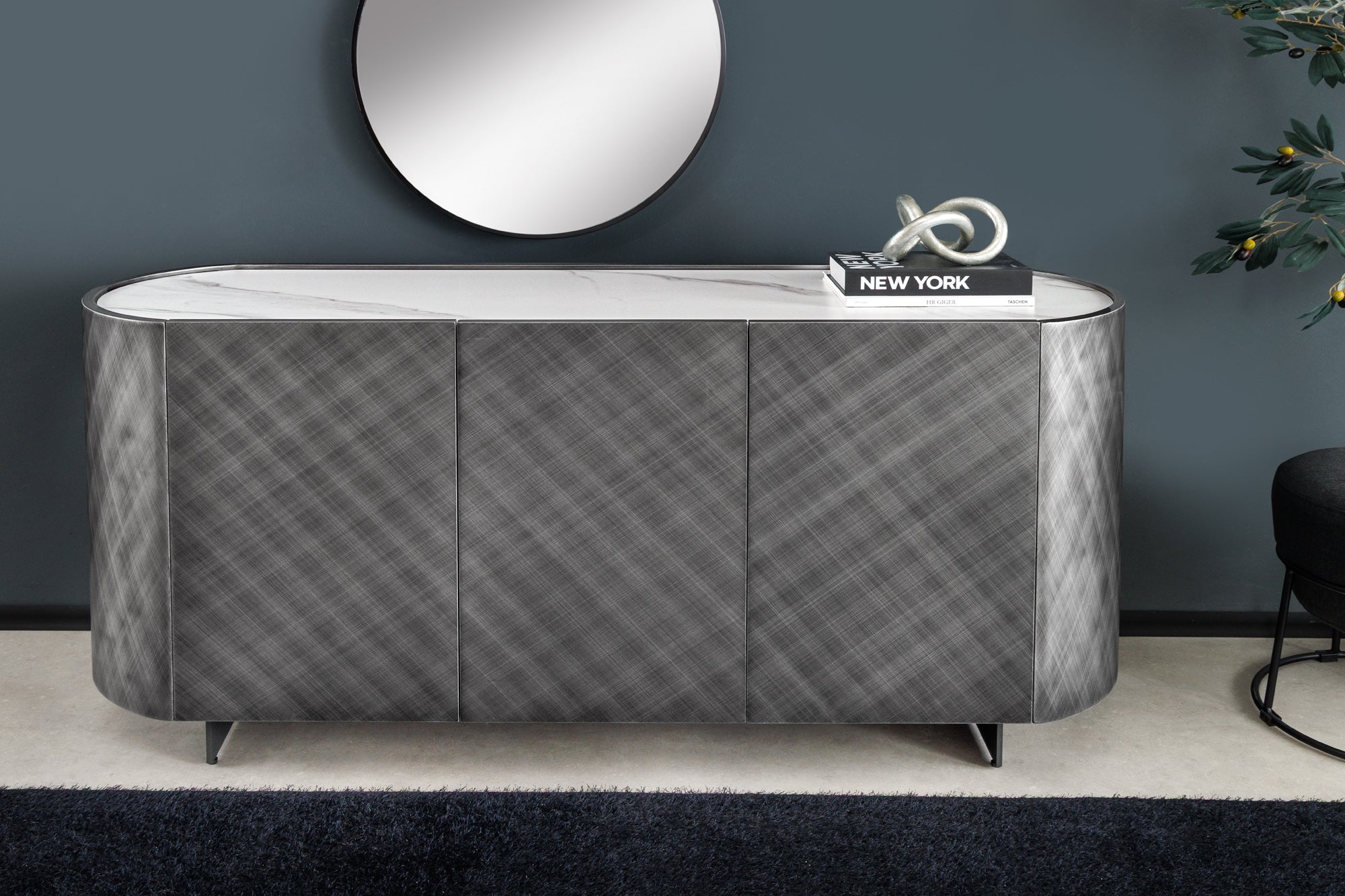 Design Sideboard REFLECTION 150cm weiß Keramik Marmor anthrazit 3D Effekt brushed Finish