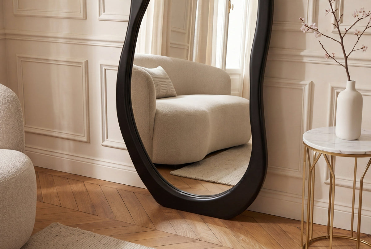 Design Spiegel ORGANIC 180cm schwarz Standspiegel Wandspiegel abgerundeter Rahmen