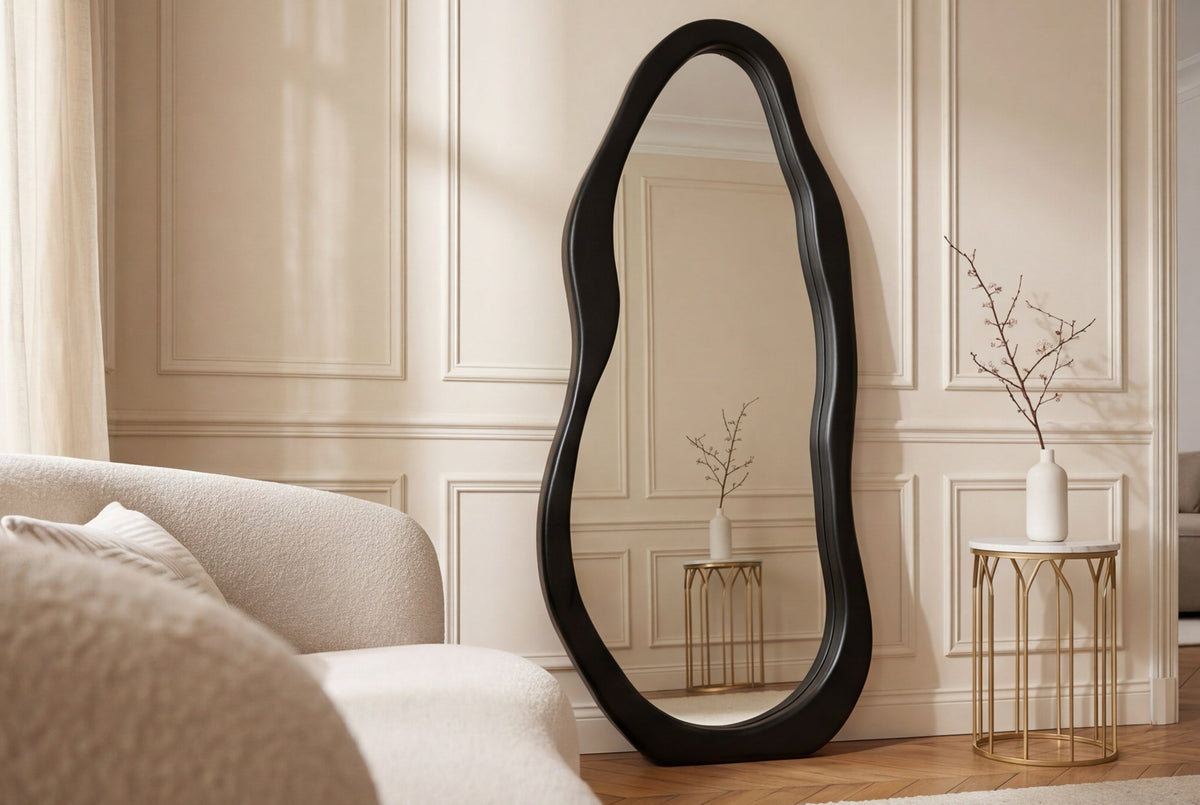 Design Spiegel ORGANIC 180cm schwarz Standspiegel Wandspiegel abgerundeter Rahmen