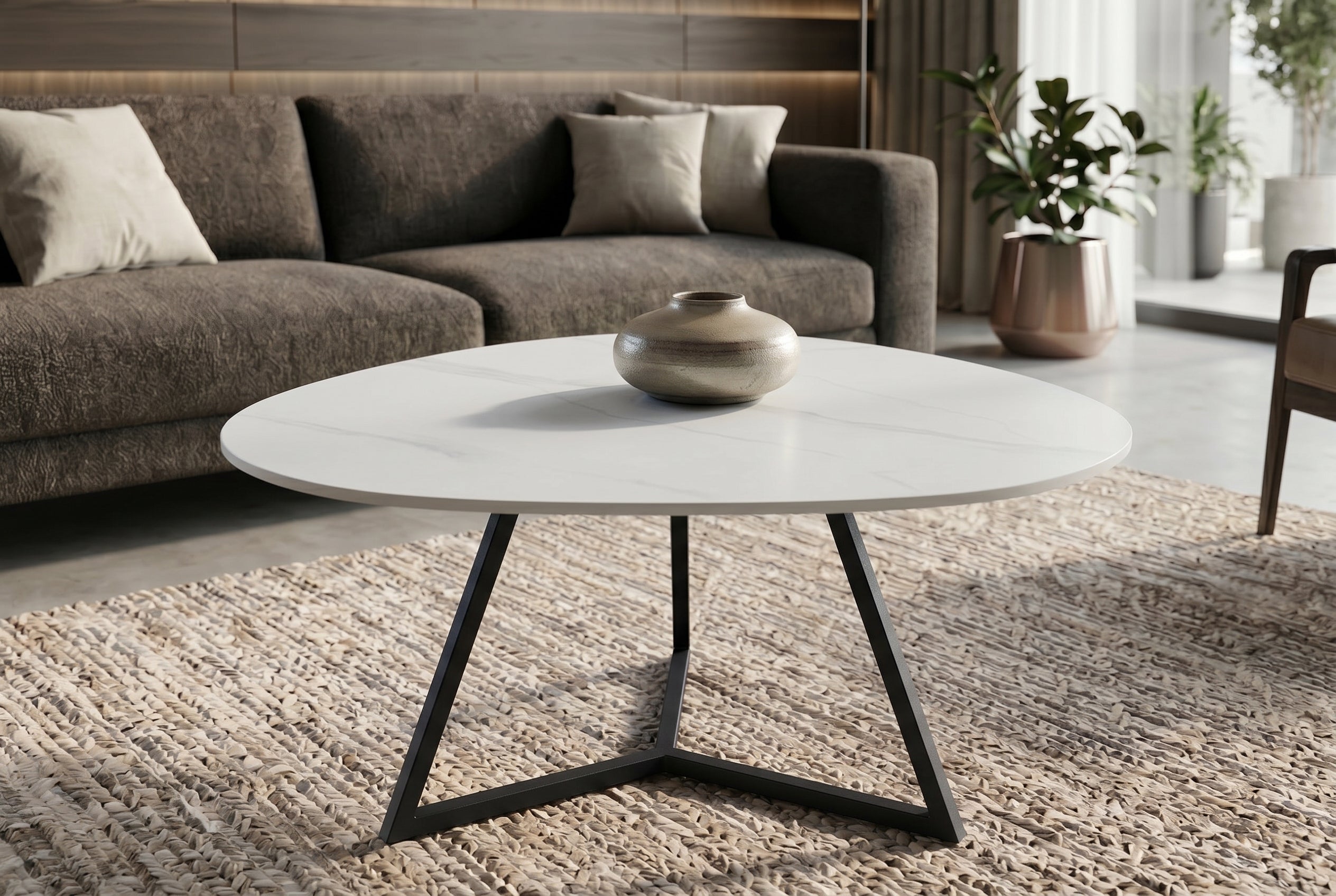 Design table basse MARVELOUS 90cm marbre blanc céramique métal noir