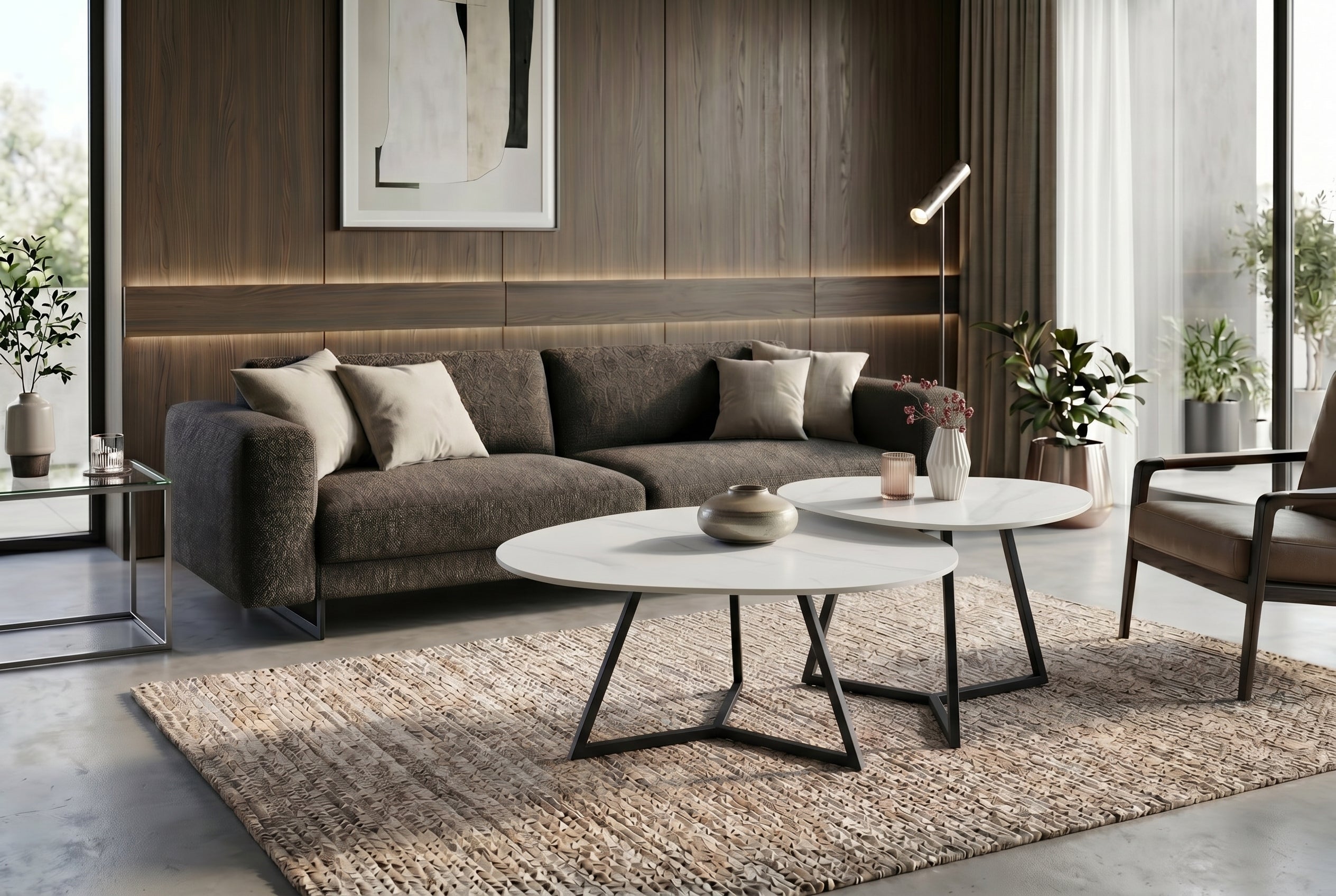 Design table basse MARVELOUS 90cm marbre blanc céramique métal noir