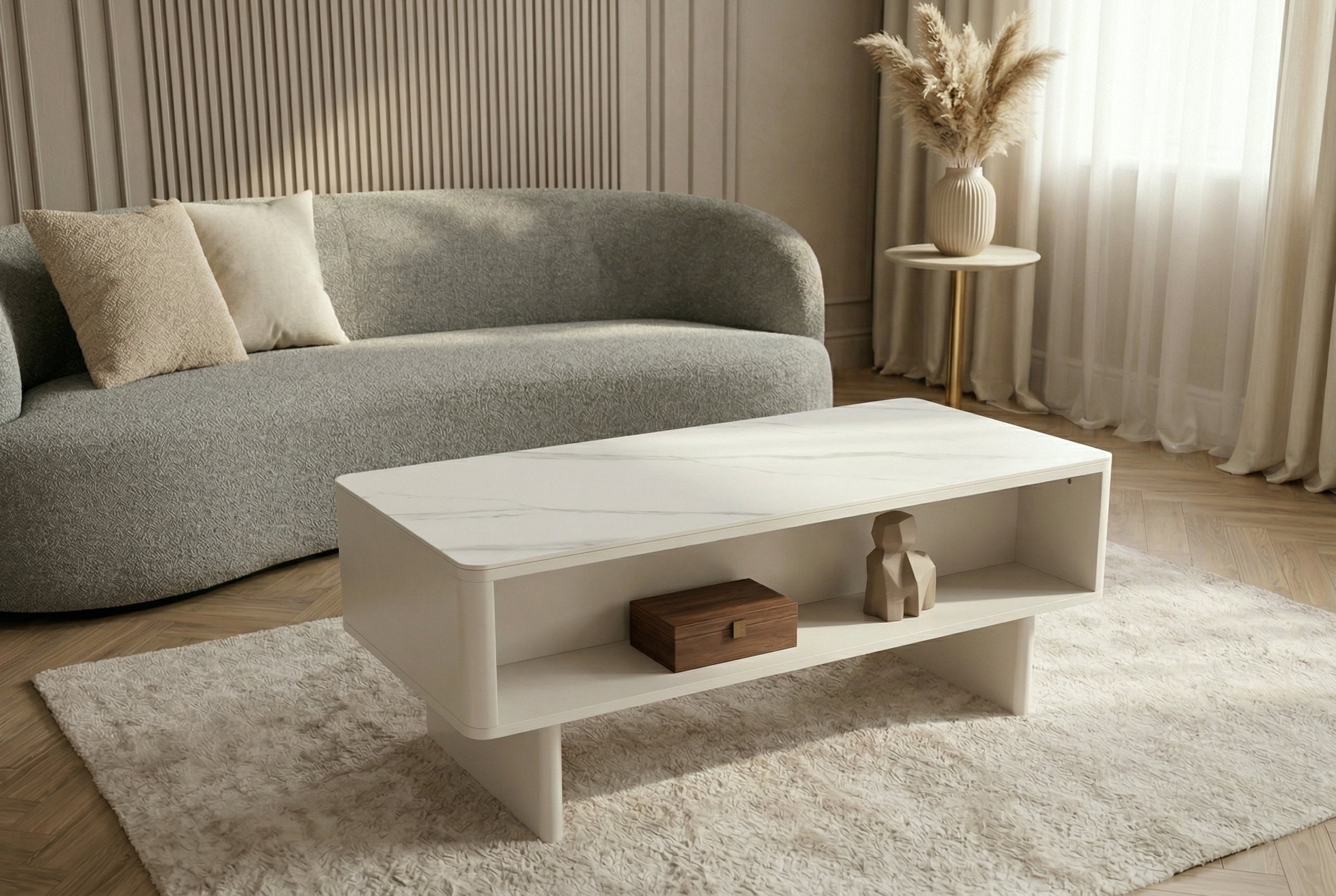 Design table basse SAVOY 120cm cachemire blanc céramique marbre avec tiroirs