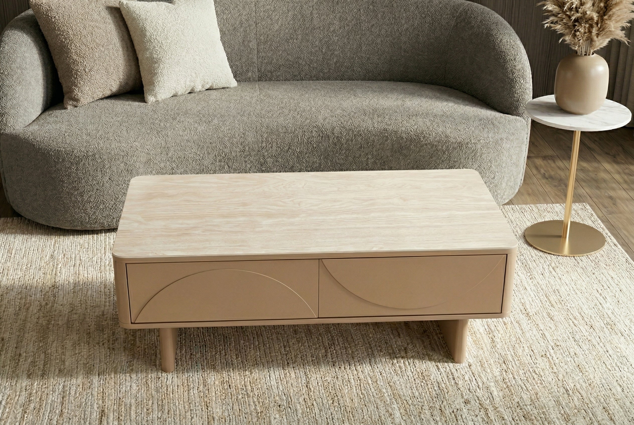 Design table basse SAVOY 120cm gris beige greige céramique travertin avec tiroir