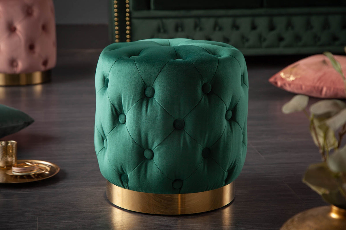 Design tabouret MODERN BAROCK 40cm vert foncé or velours Chesterfield