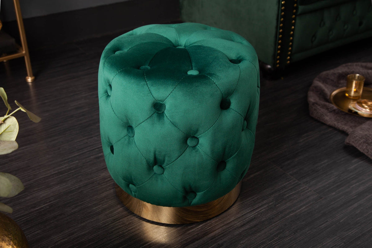Design tabouret MODERN BAROCK 40cm vert foncé or velours Chesterfield