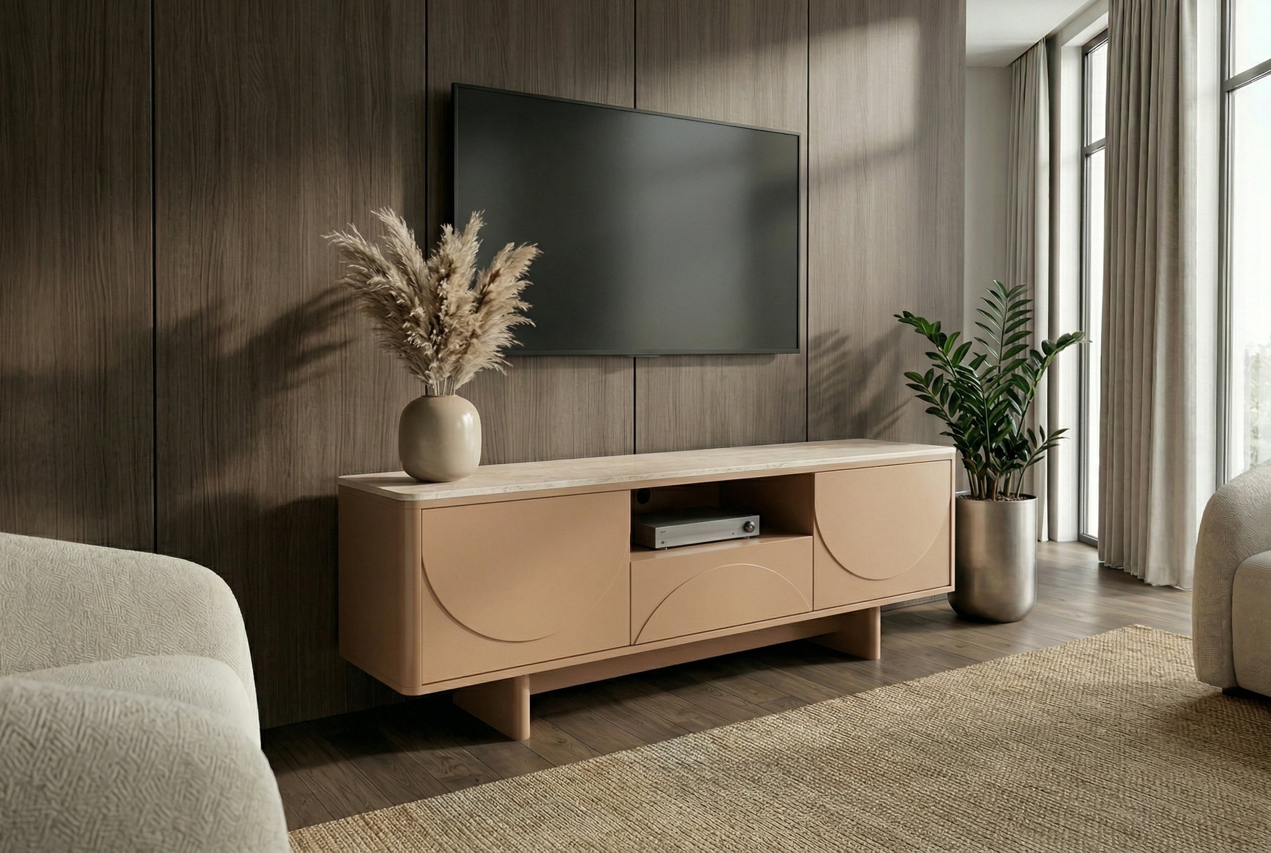 Design TV Board SAVOY 150cm grau beige greige Travertin Keramik mit Schublade 3D-Front