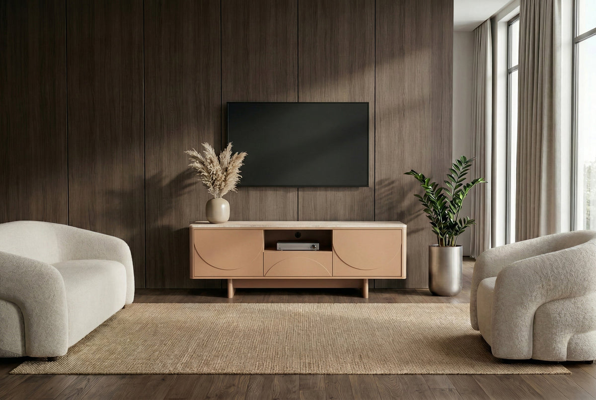 Design TV Board SAVOY 150cm grau beige greige Travertin Keramik mit Schublade 3D-Front