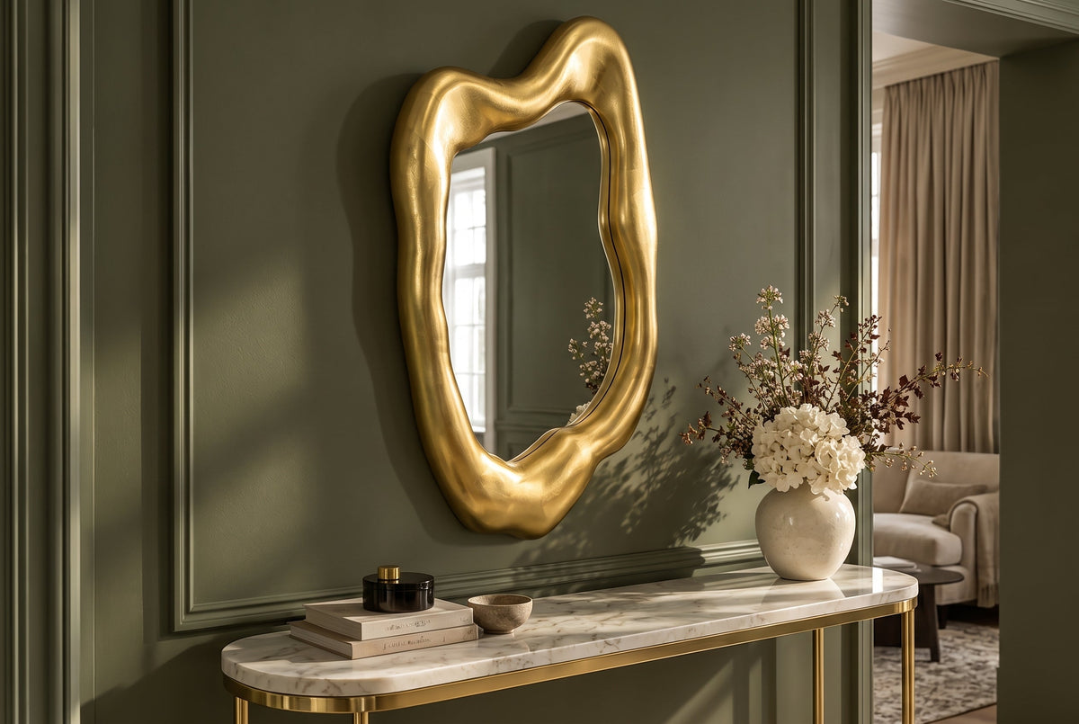 Design Wandspiegel AURA 95cm gold organische Form variabel aufhängbar