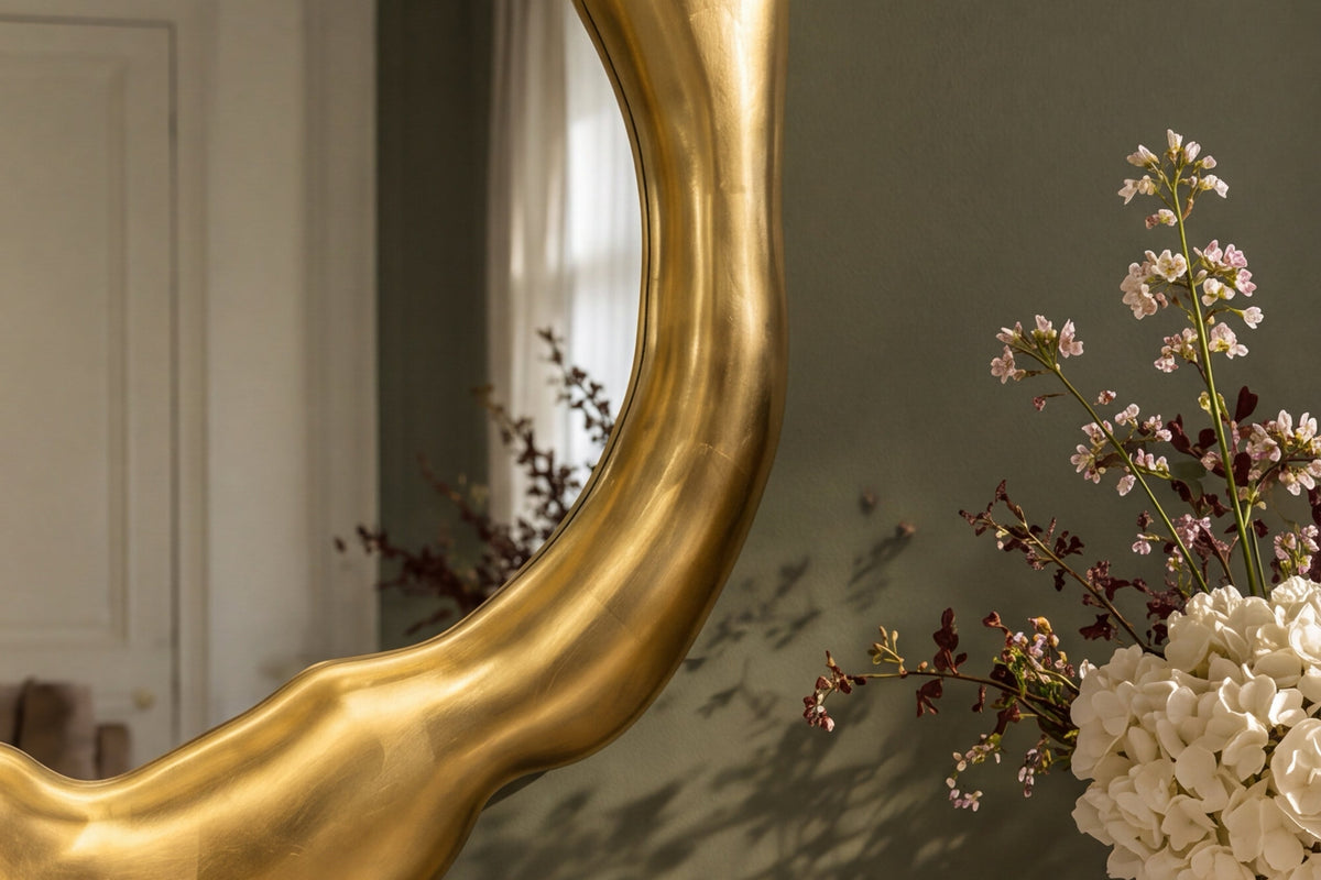 Design Wandspiegel AURA 95cm gold organische Form variabel aufhängbar