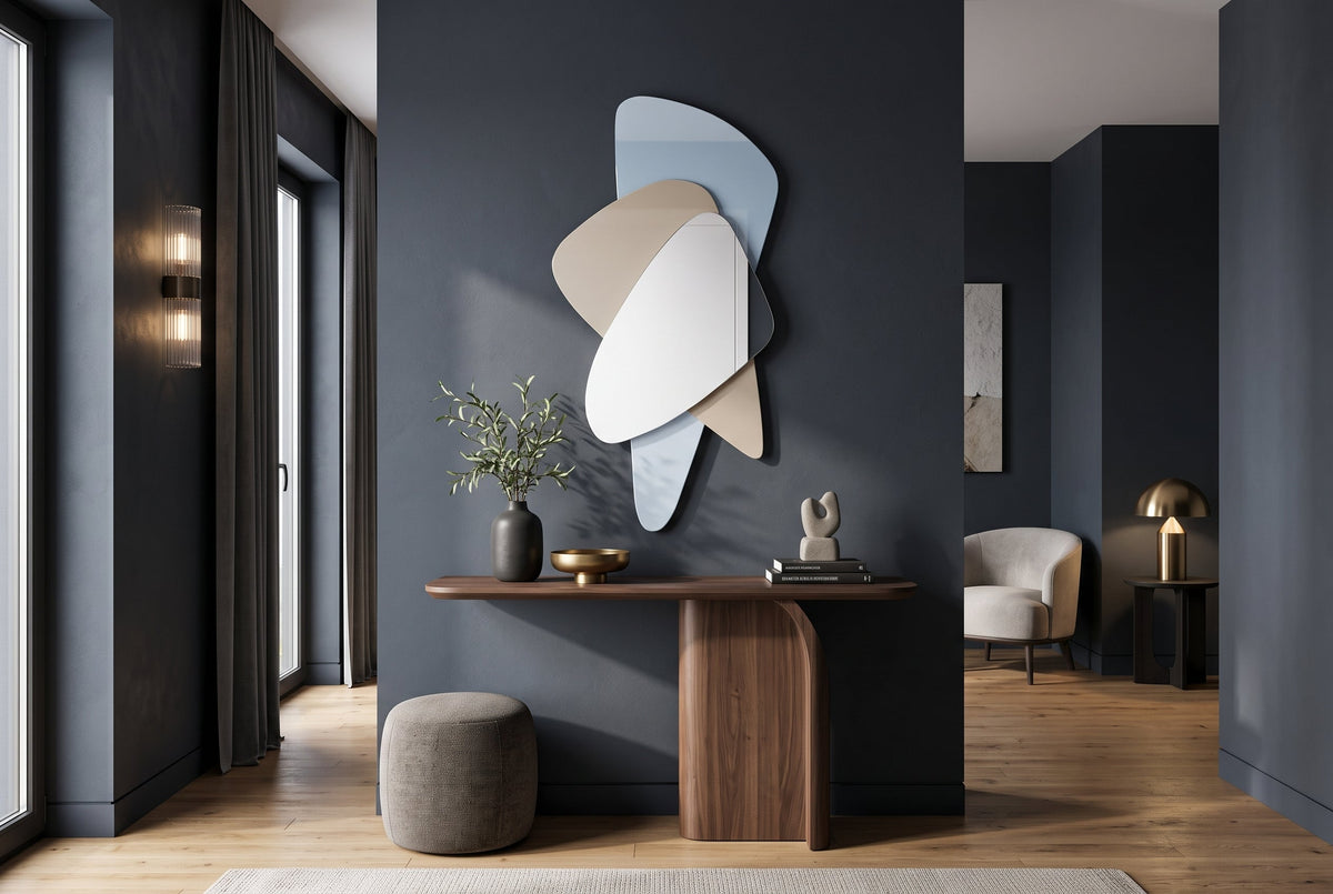 Design Wandspiegel GEOMETRIC 120cm blau braun klar drei Spiegelflächen