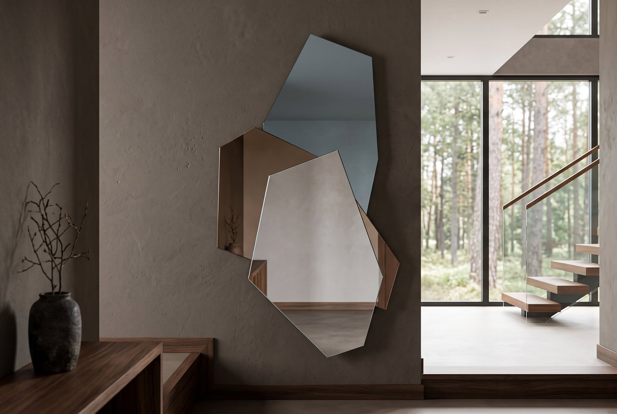 Design Wandspiegel GEOMETRIC 125cm blau braun klar drei Spiegelflächen