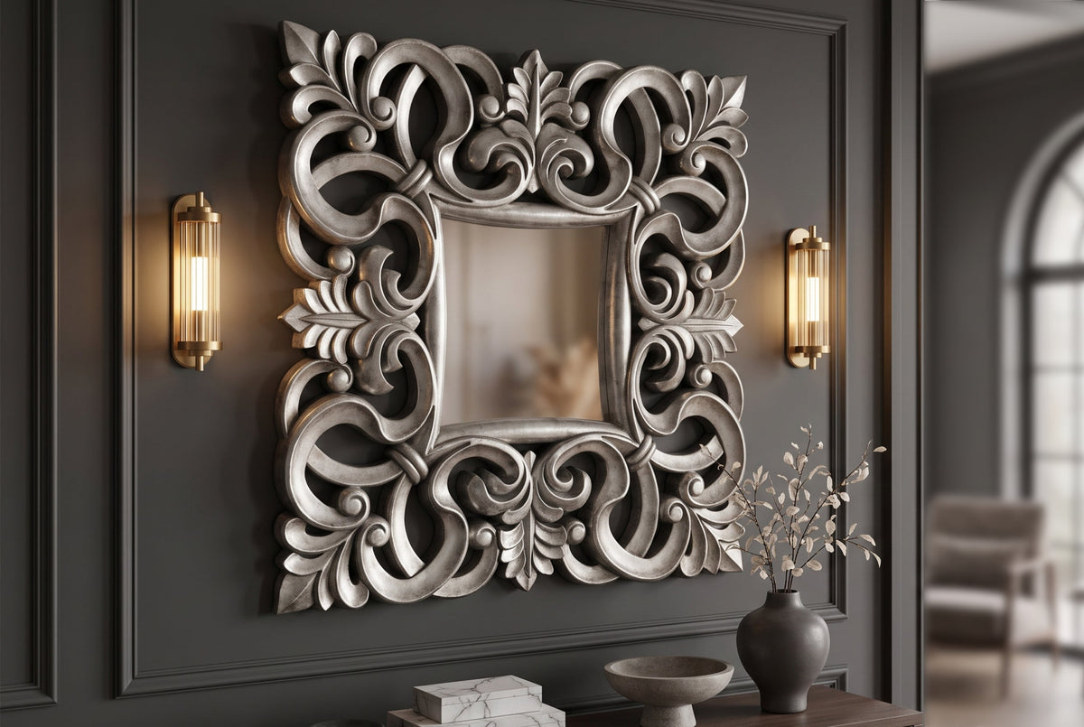 Élégant miroir mural VENICE 75x75cm argent style baroque antique