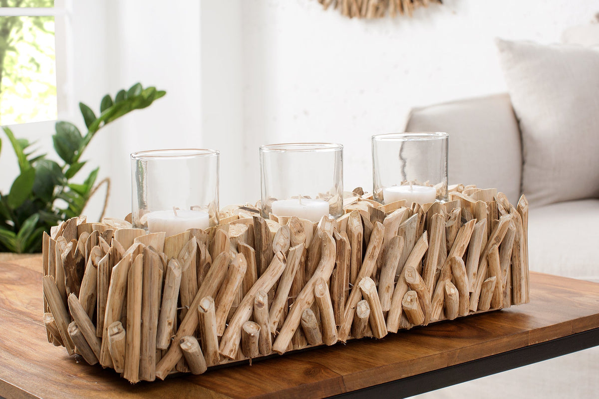 Élégant porte-bougie FOSSIL 50 cm bois flotté pour 3 bougies