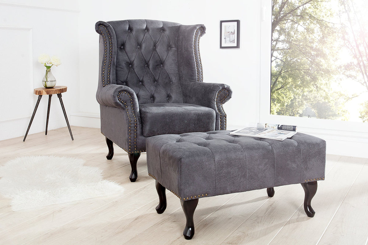 Élégant pouf Chesterfield antique gris microfibre avec capitonnage à boutons et clous décoratifs