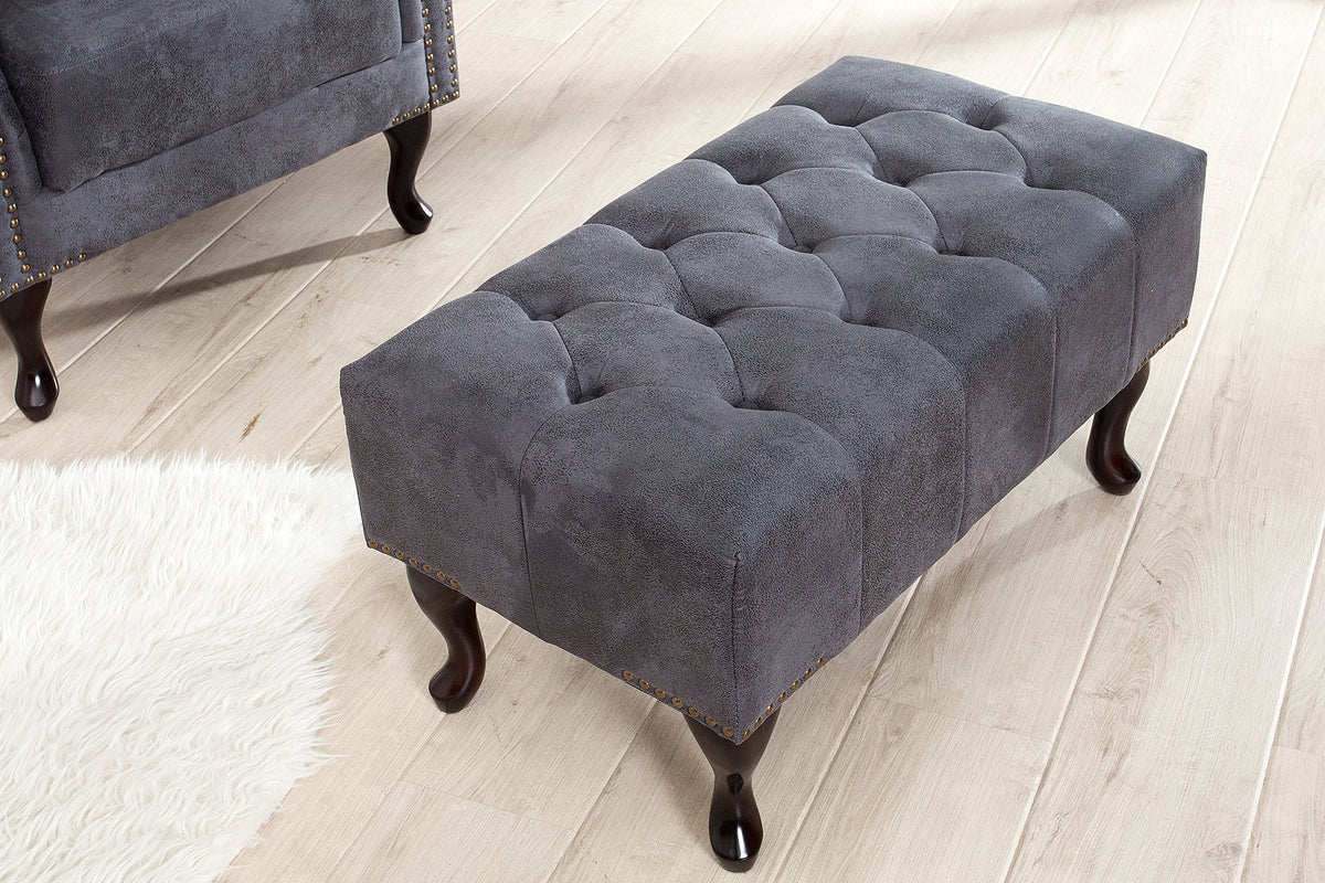 Élégant pouf Chesterfield antique gris microfibre avec capitonnage à boutons et clous décoratifs