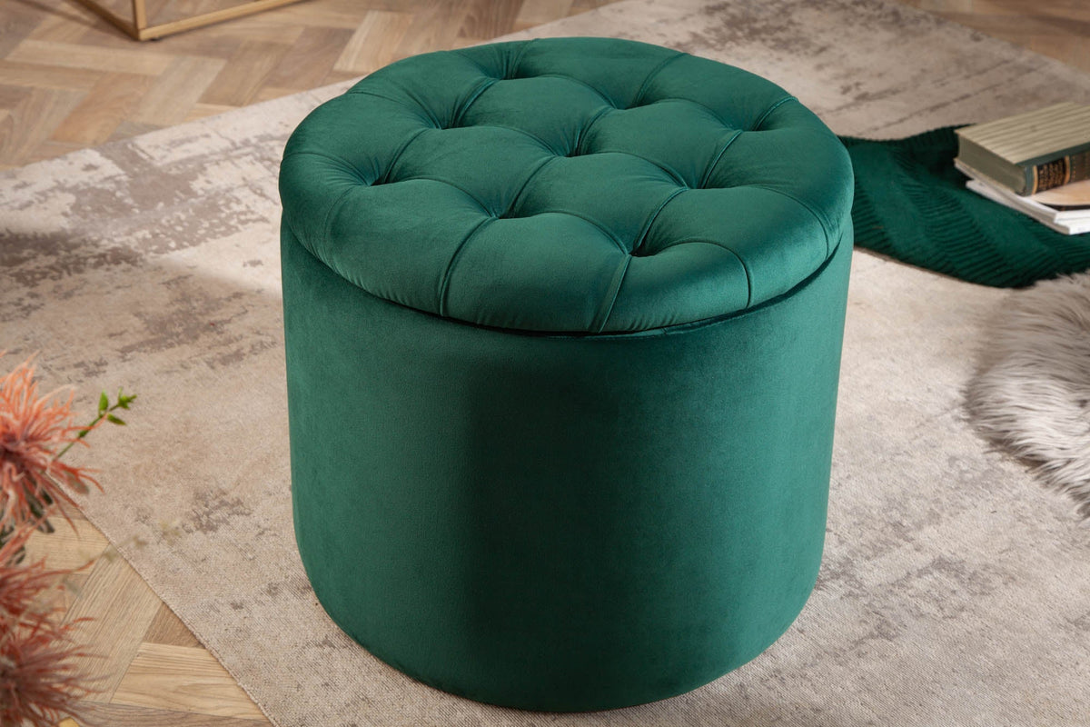 Élégant pouf MODERN BAROCK 50cm vert foncé velours coffre de rangement