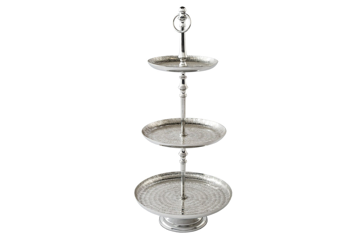 Élégant présentoir à gâteaux ORIENT 65 cm argenté au design marteau sauvage avec trois niveaux