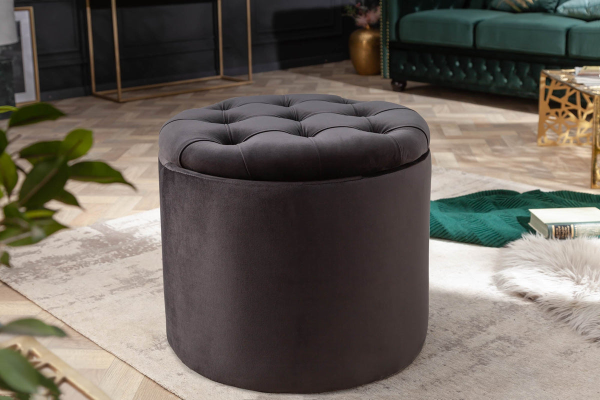 Élégant tabouret MODERN BAROCK 50cm noir velours coffre de rangement