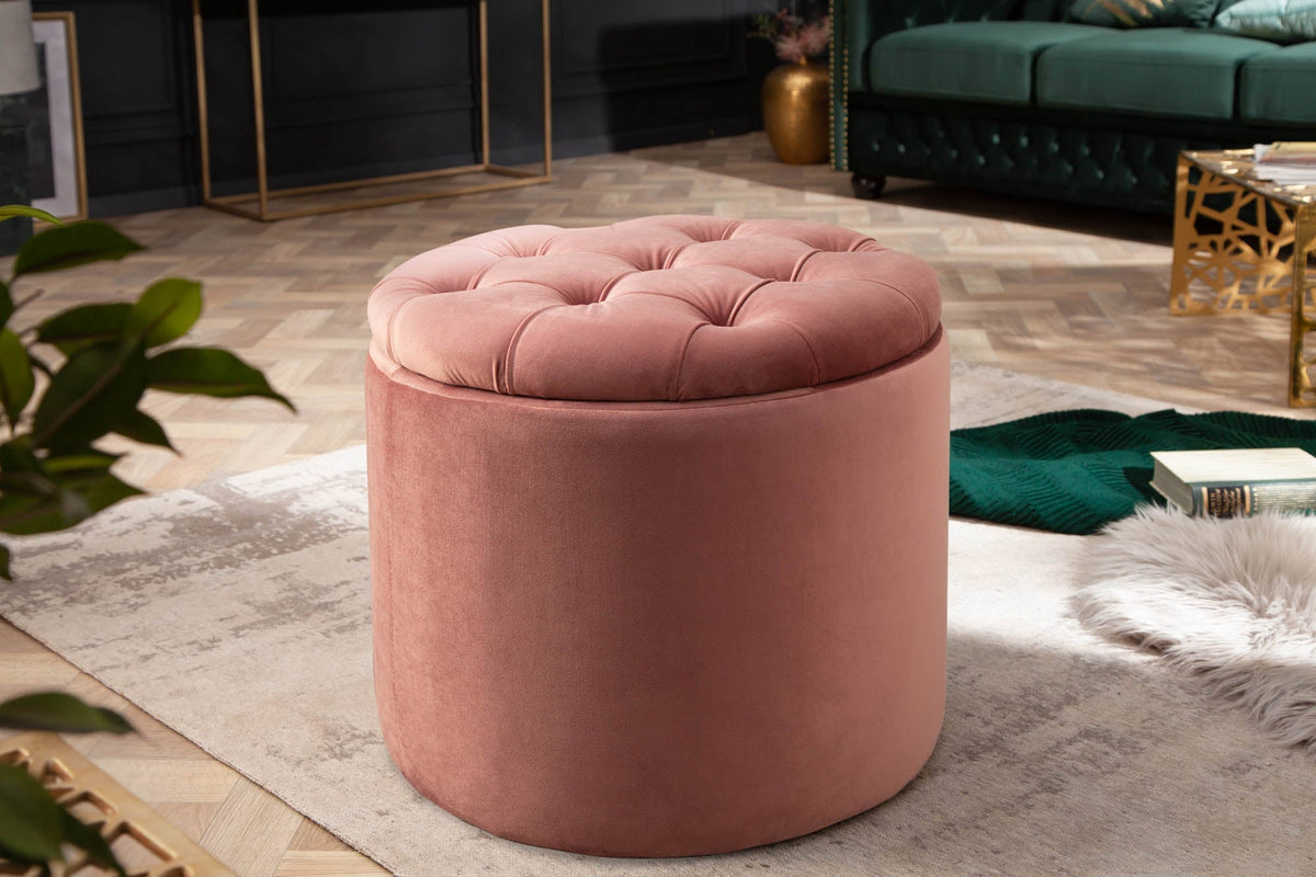 Élégant tabouret MODERN BAROCK 50cm rose ancien velours panier de rangement