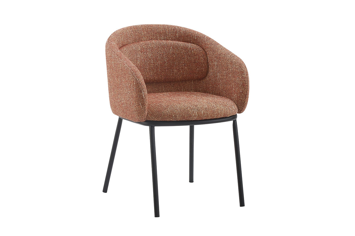 Élégante chaise design FLORENZ, tissu structuré rouge rouille, métal noir, avec accoudoir