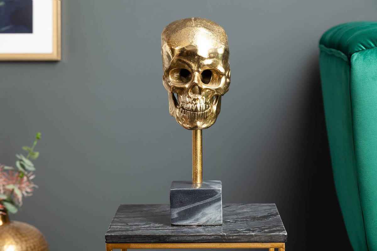 Elegante Skulptur SKULL 35cm gold Totenkopf mit Marmorfuß