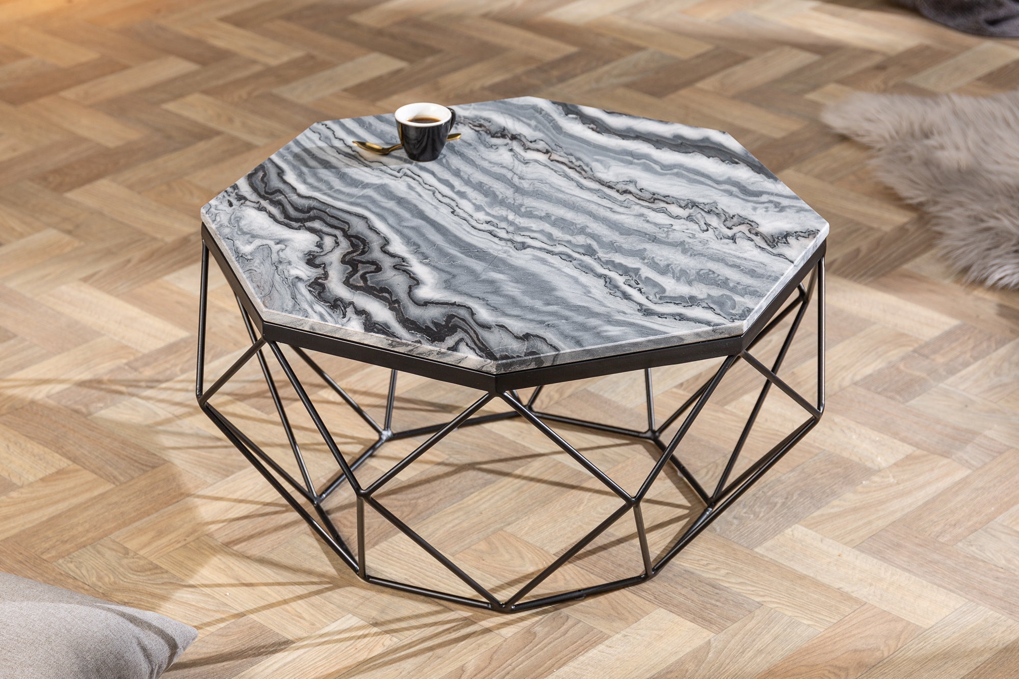 Elégante table basse DIAMOND 70cm gris noir avec plateau en marbre