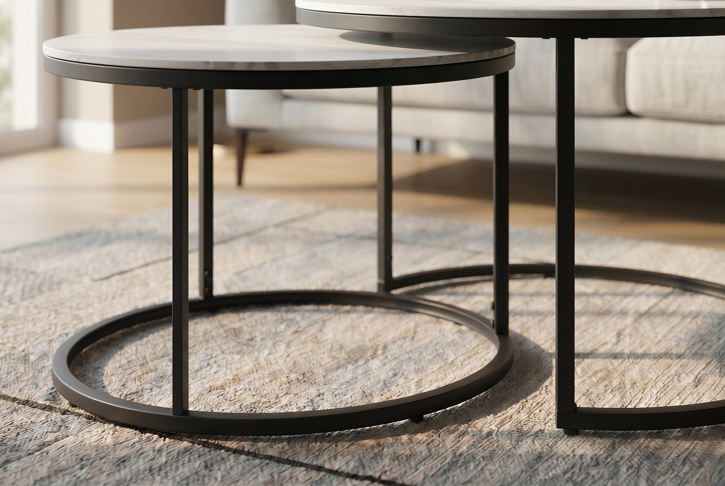 Ensemble de 2 tables basses ELEGANCE 75cm blanc céramique noir métal