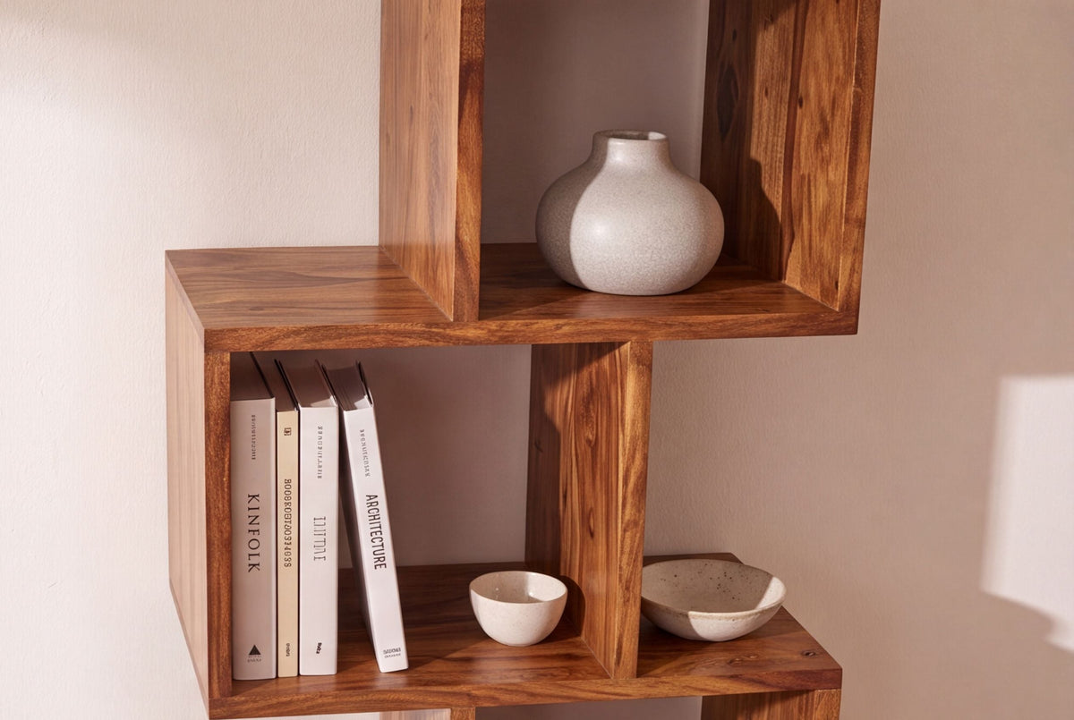 Etagère cube massive MAKASSAR 150cm marron finition pierre Sheesham grain unique