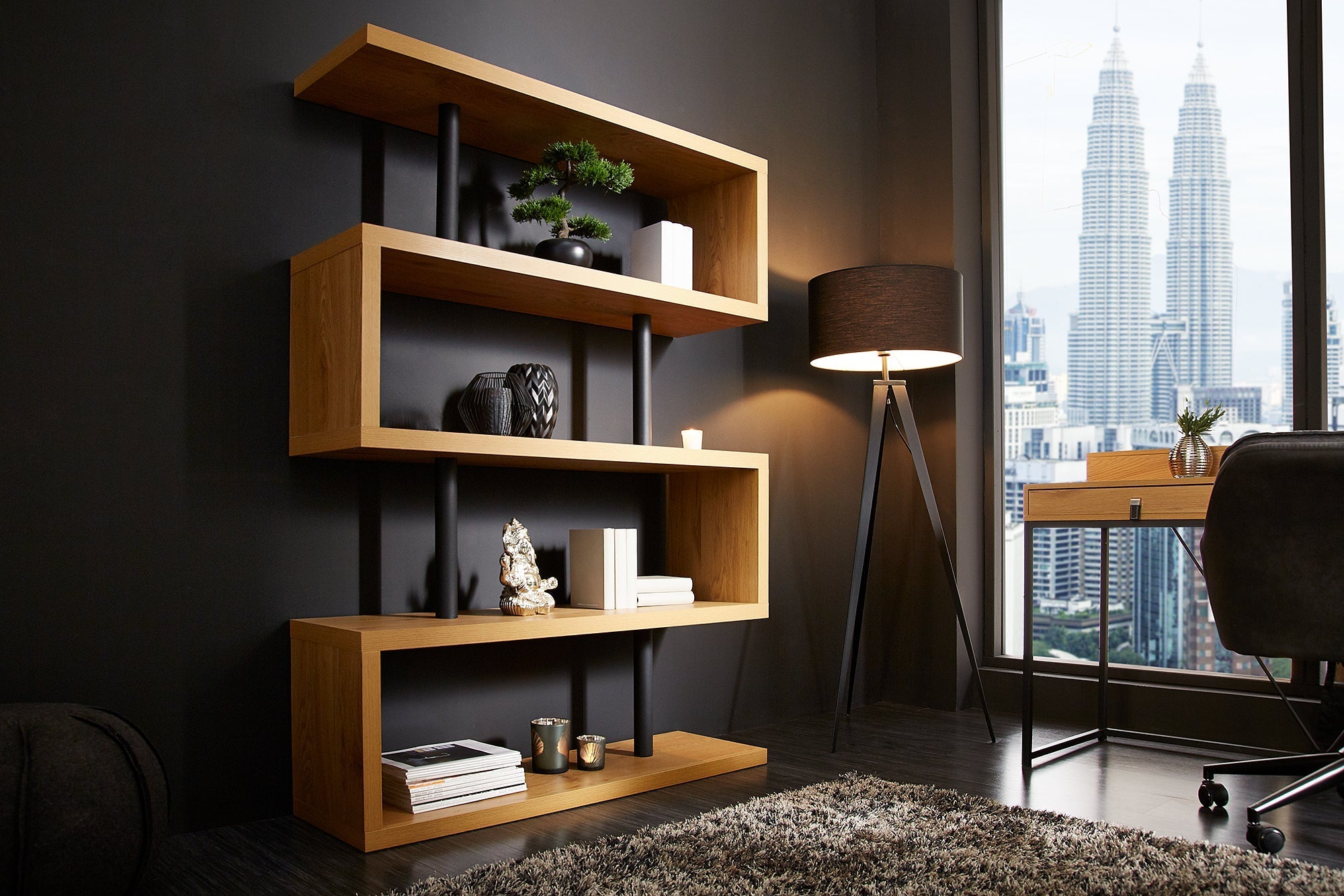 Etagère design SNAKE Bibliothèque 165cm aspect chêne avec cinq étagères