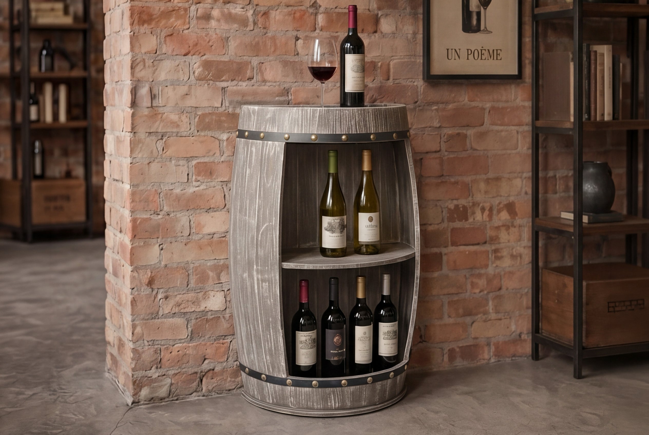 Etagère élégante BODEGA 79cm pin naturel demi fût de vin Shabby Chic