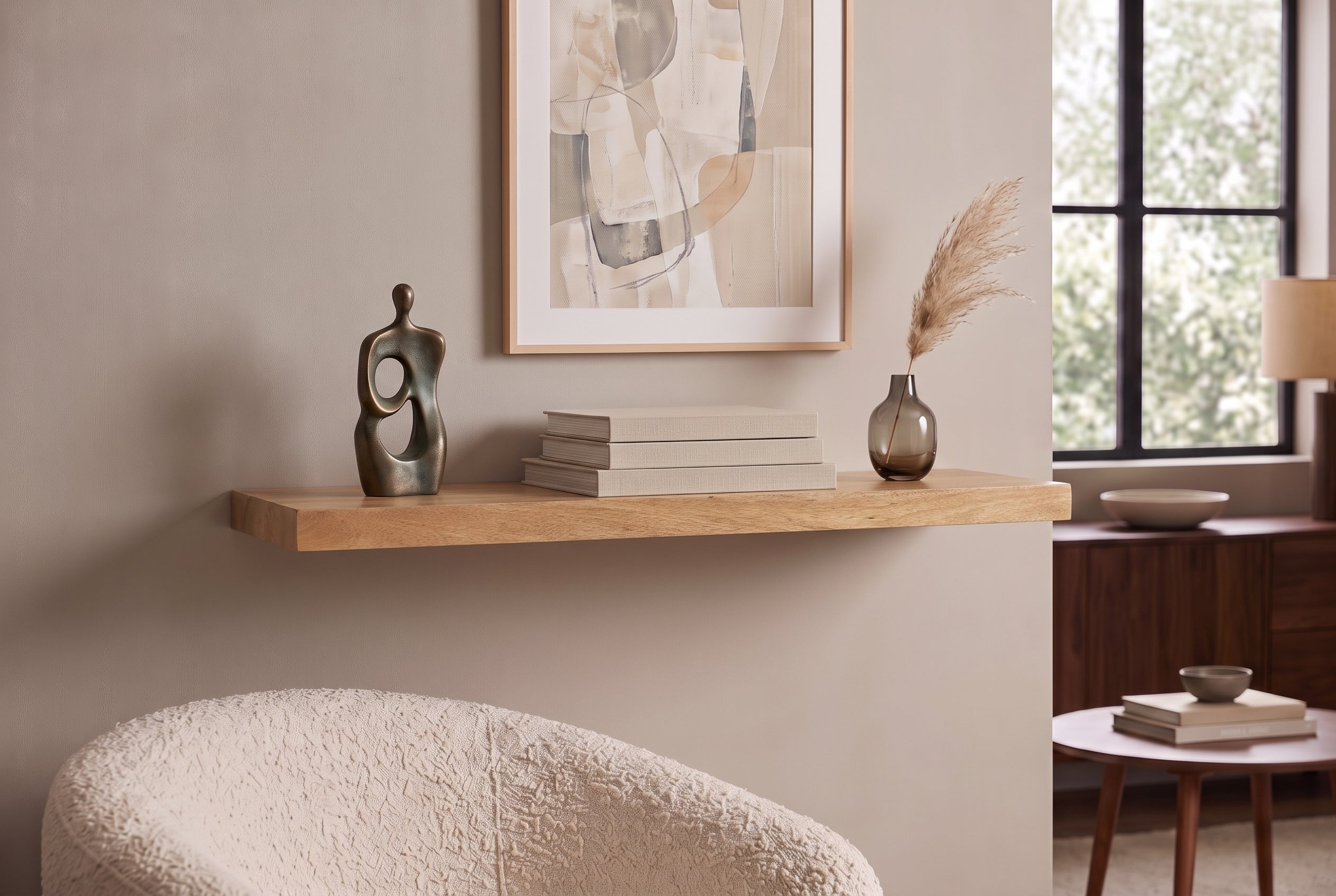 Etagère murale massive PURE 80cm manguier finition crème naturelle étagère enfichable en bois de manguier