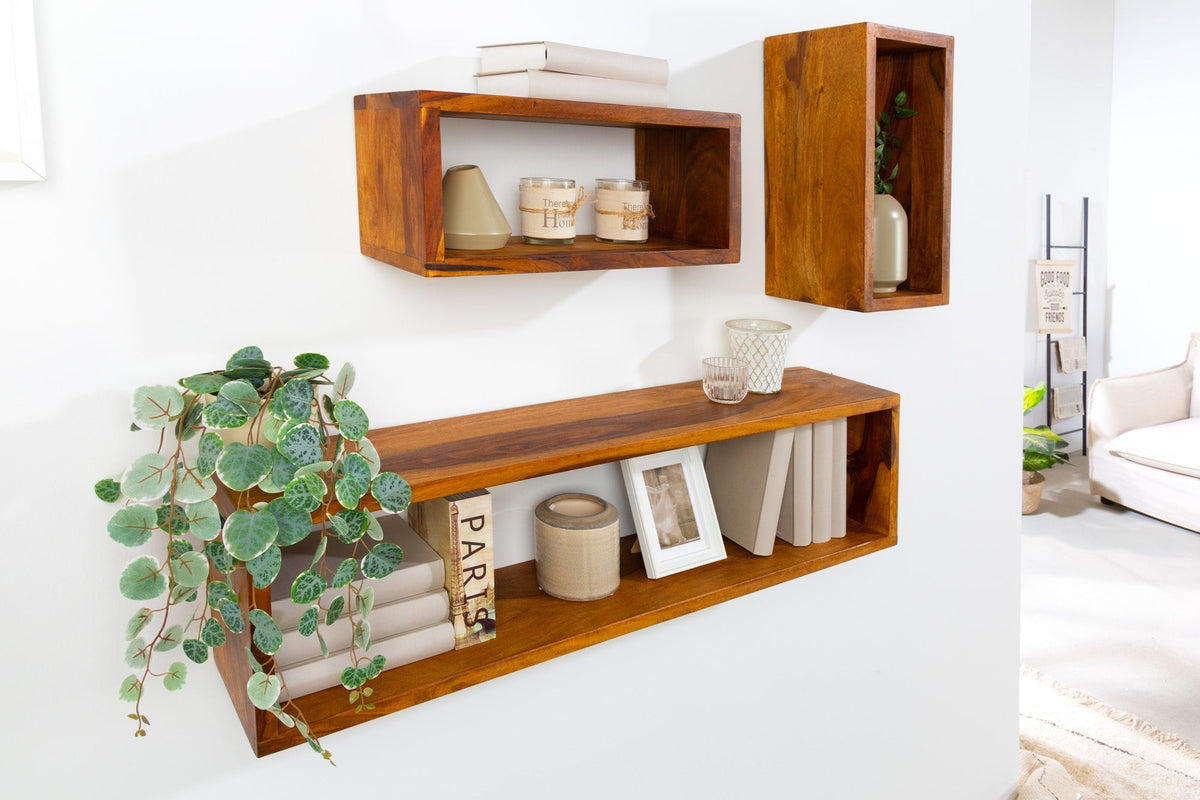 Etagère murale solide lot de 3 HEMINGWAY 94cm bois de sheesham marron finition pierre