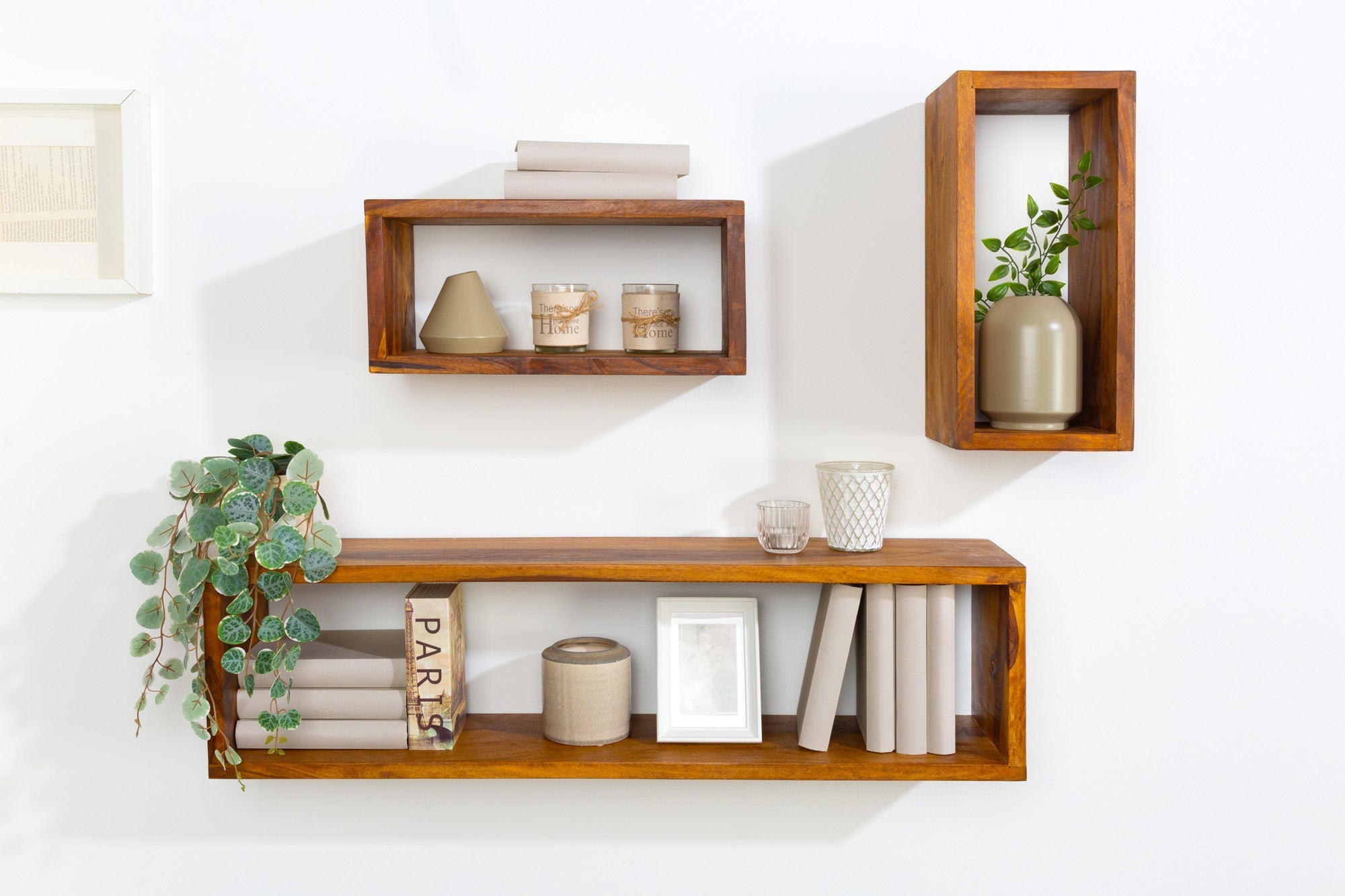 Etagère murale solide lot de 3 HEMINGWAY 94cm bois de sheesham marron finition pierre