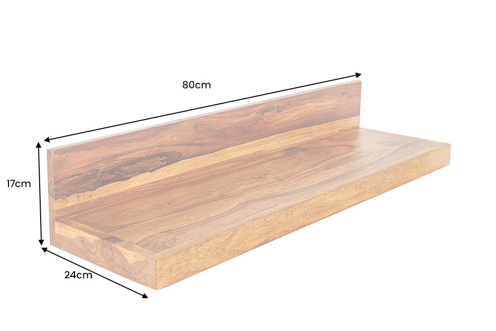 Etagère murale solide MAKASSAR 80cm bois de sheesham marron finition pierre fait main