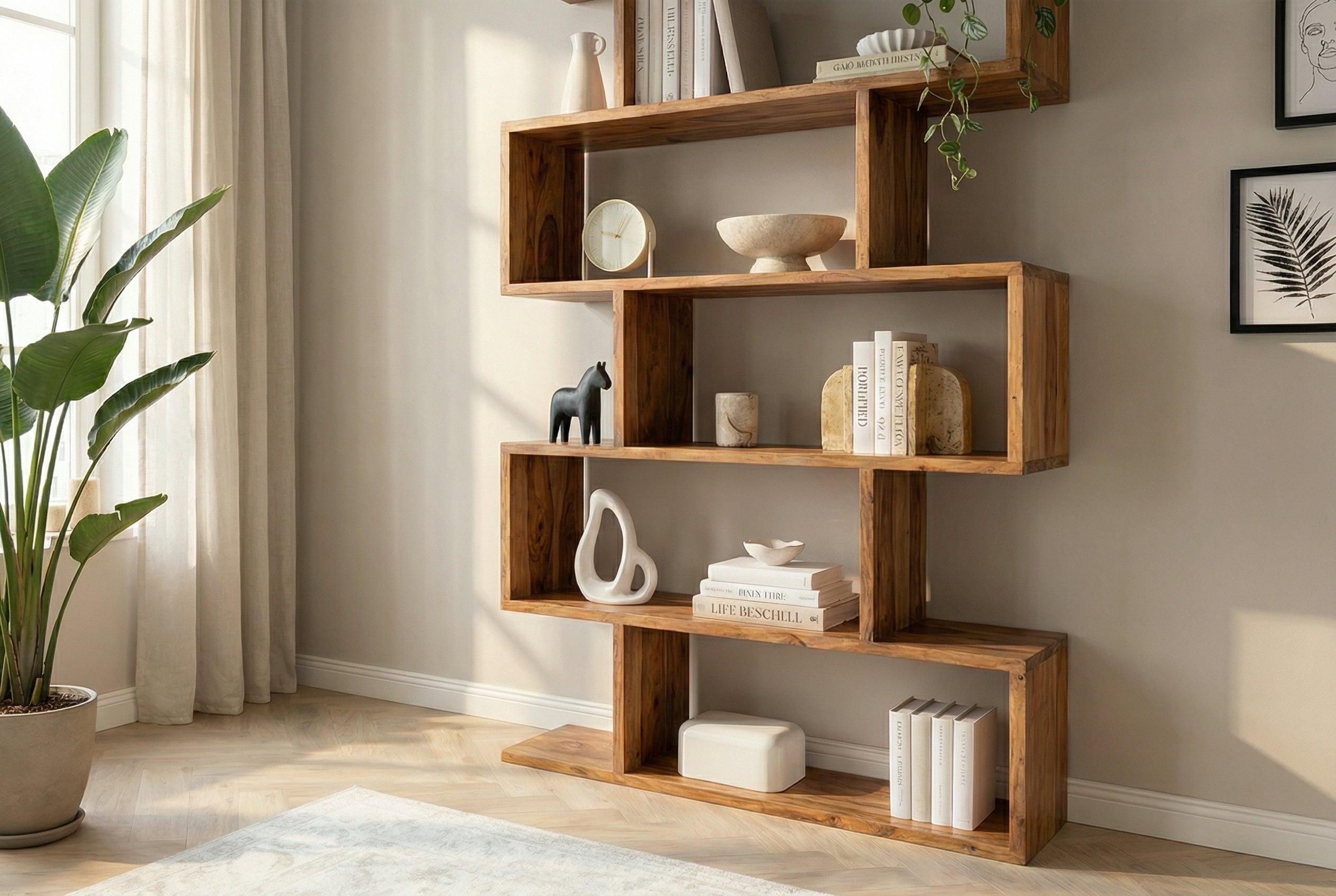 Etagère Solid Bibliothèque Snake 180cm en bois d’acacia naturel avec cinq étagères