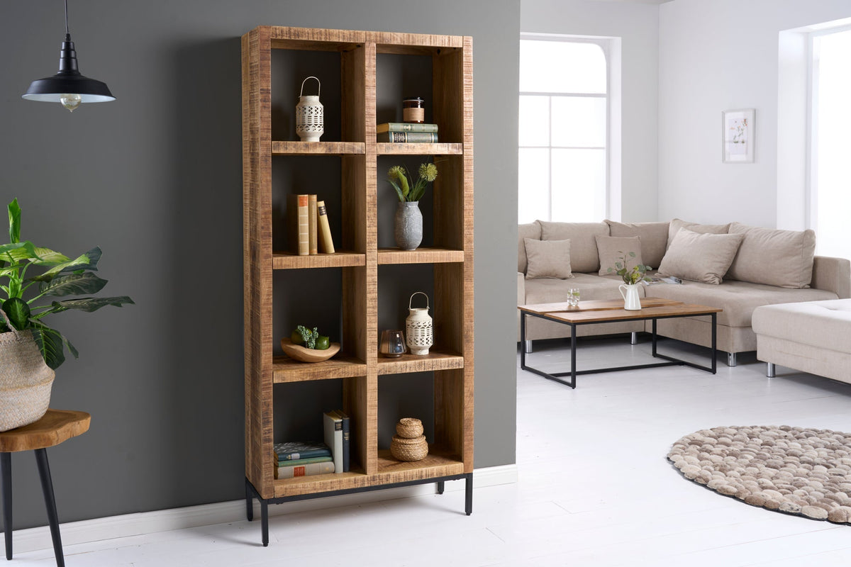 Etagère solide IRON CRAFT 176cm bibliothèque en bois de manguier huit compartiments design industriel