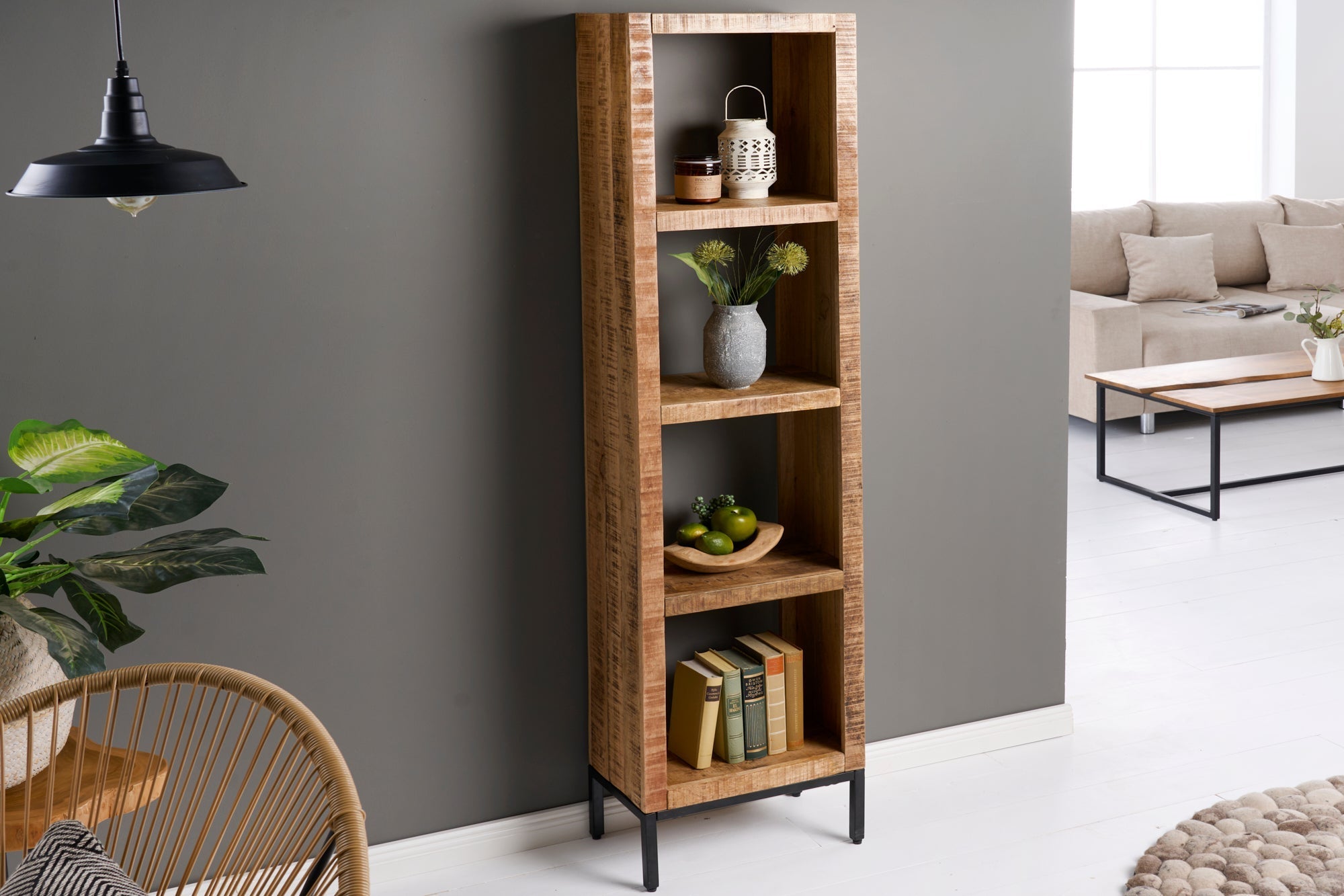 Etagère solide IRON CRAFT 176cm bibliothèque en bois de manguier quatre compartiments design industriel