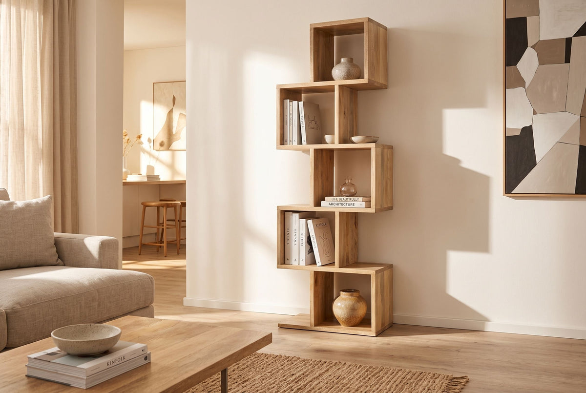 Etagère solide MAKASSAR 150cm finition crème naturelle bois de manguier grain unique