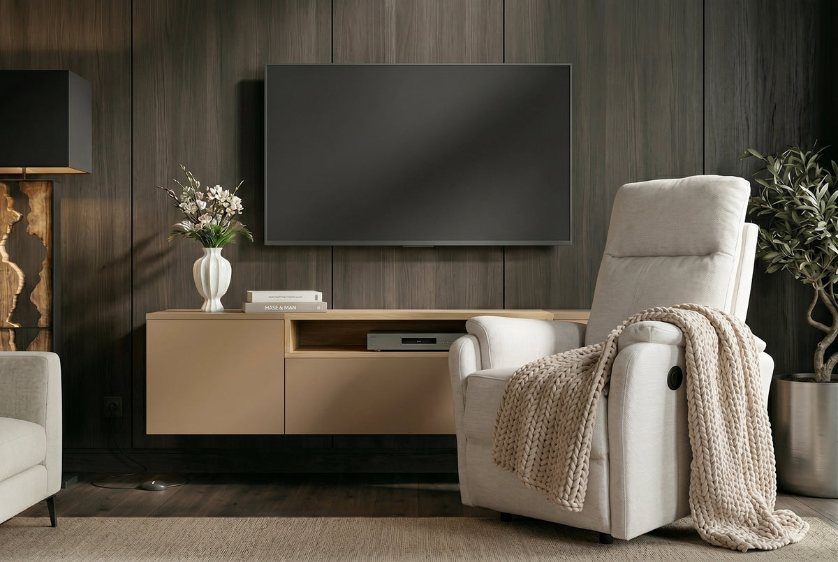 Exclusif 1er fauteuil de cinéma HOLLYWOOD beige tissu structuré position allongée électrique