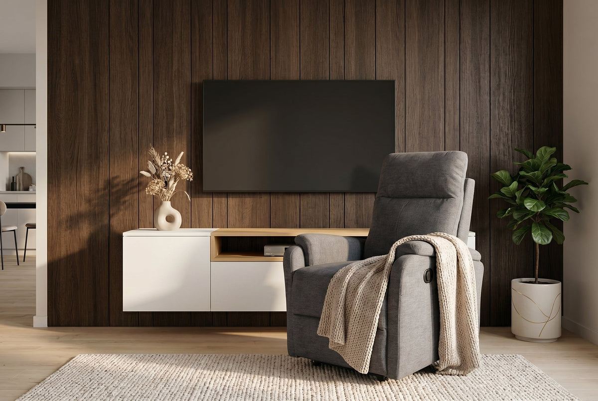 Exclusif 1er fauteuil de cinéma HOLLYWOOD gris tissu structuré position allongée électrique