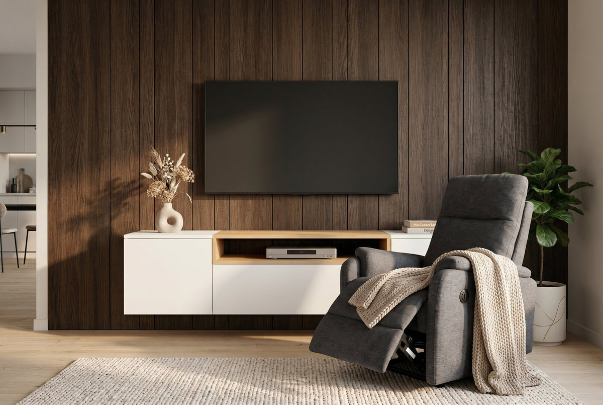 Exclusif 1er fauteuil de cinéma HOLLYWOOD gris tissu structuré position allongée électrique
