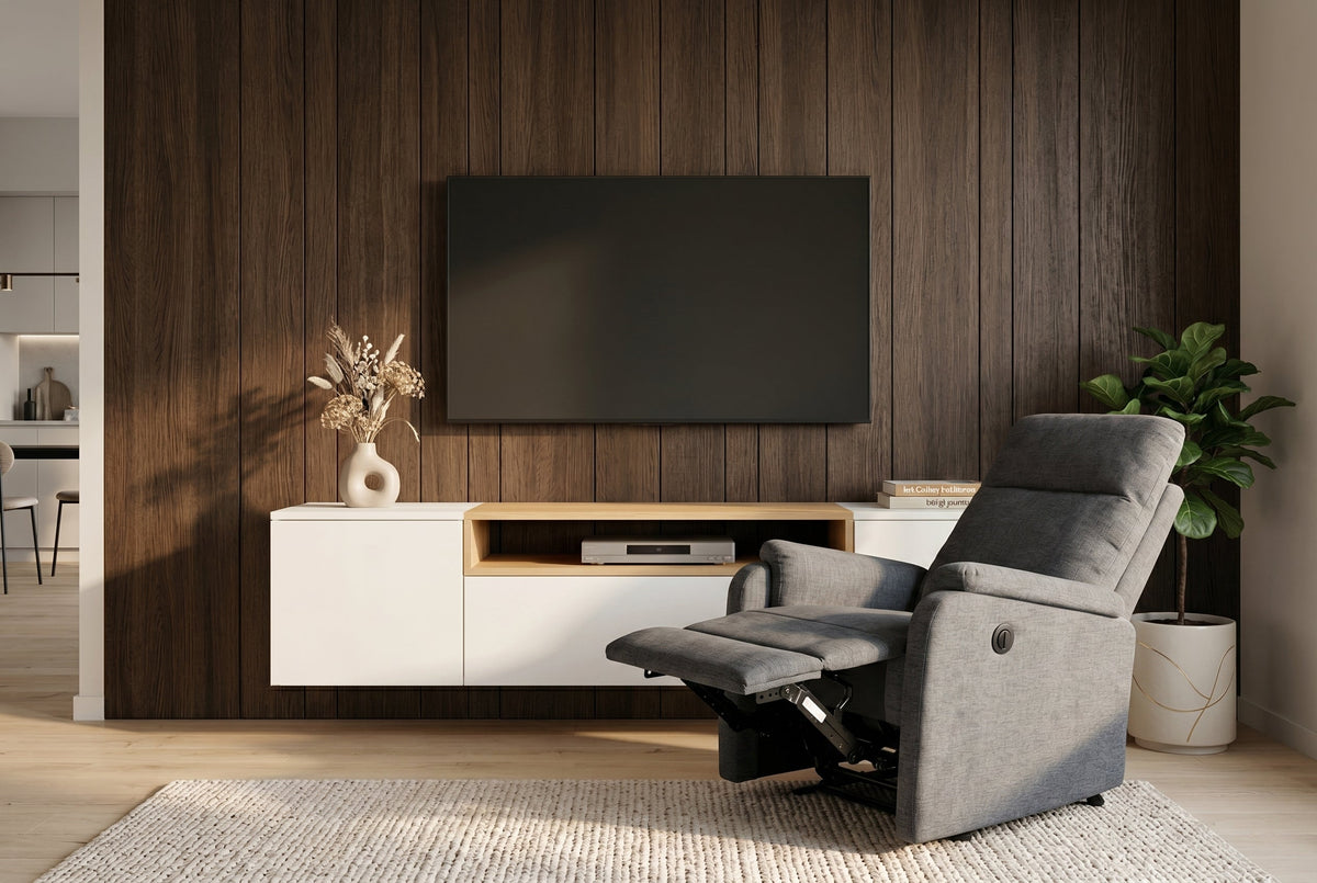 Exclusif 1er fauteuil de cinéma HOLLYWOOD gris tissu structuré position allongée électrique