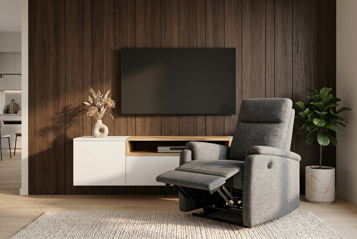 Exclusif 1er fauteuil de cinéma HOLLYWOOD gris tissu structuré position allongée électrique