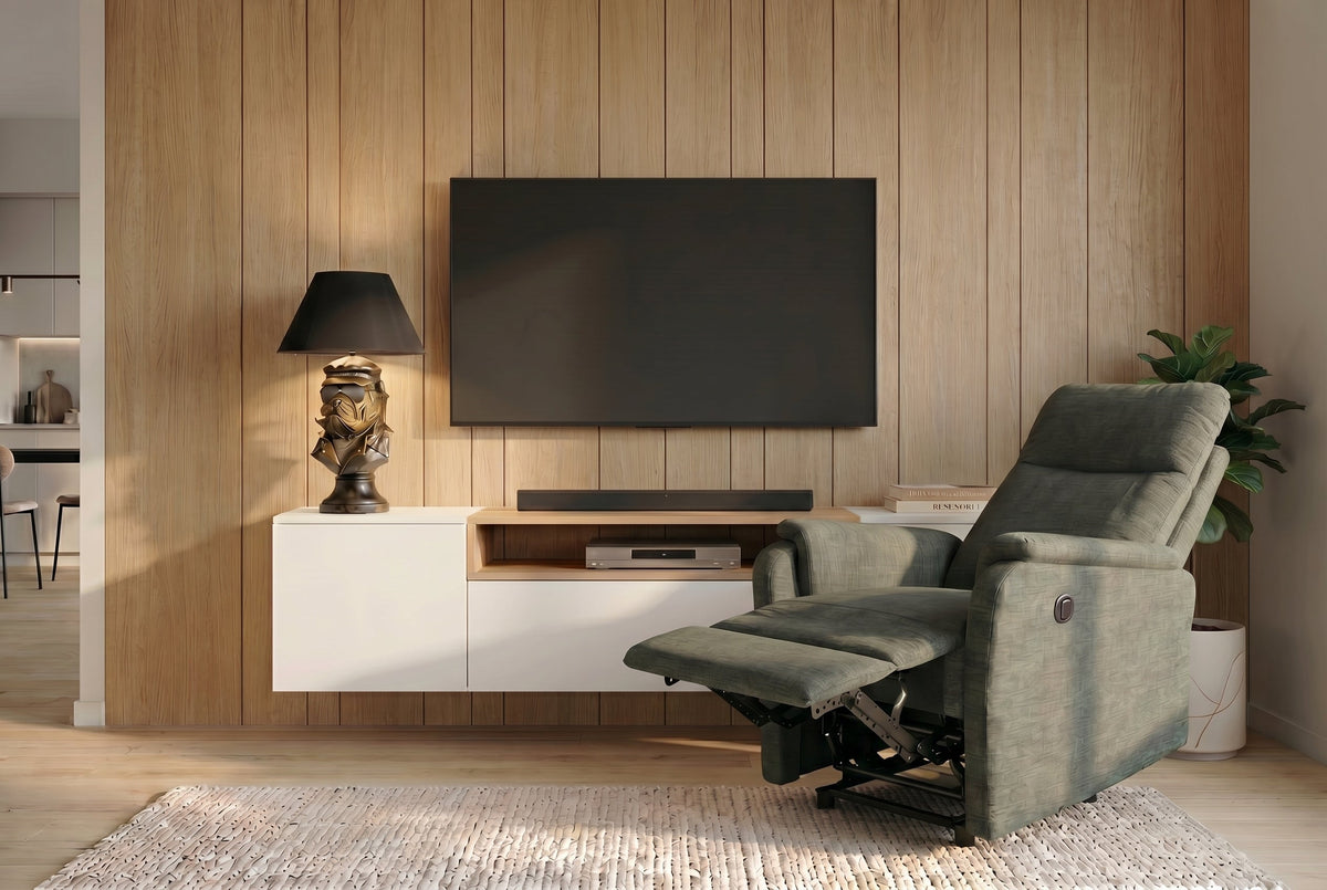 Exclusif 1er fauteuil de cinéma HOLLYWOOD vert tissu structuré position d'inclinaison électrique