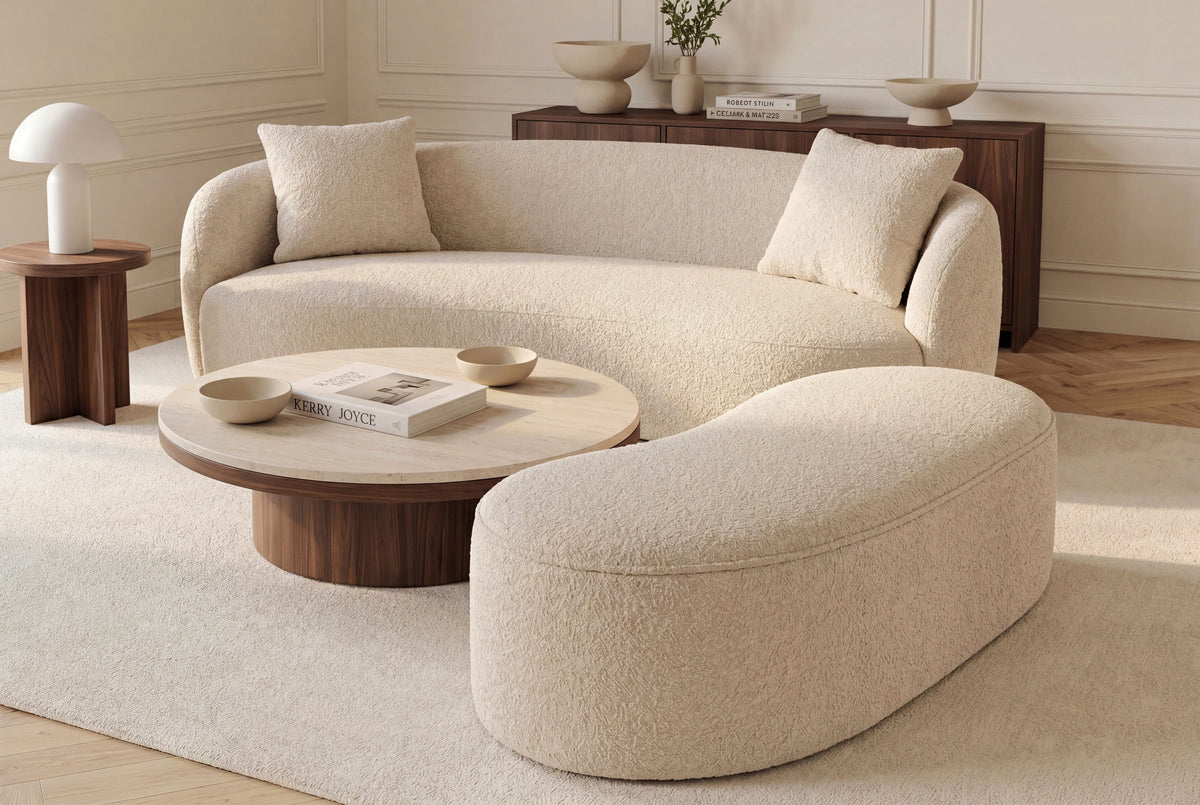 Extravagante banquette rembourrée ELEMENTAL 120cm beige champagne tricot fin bouclé avec rangement