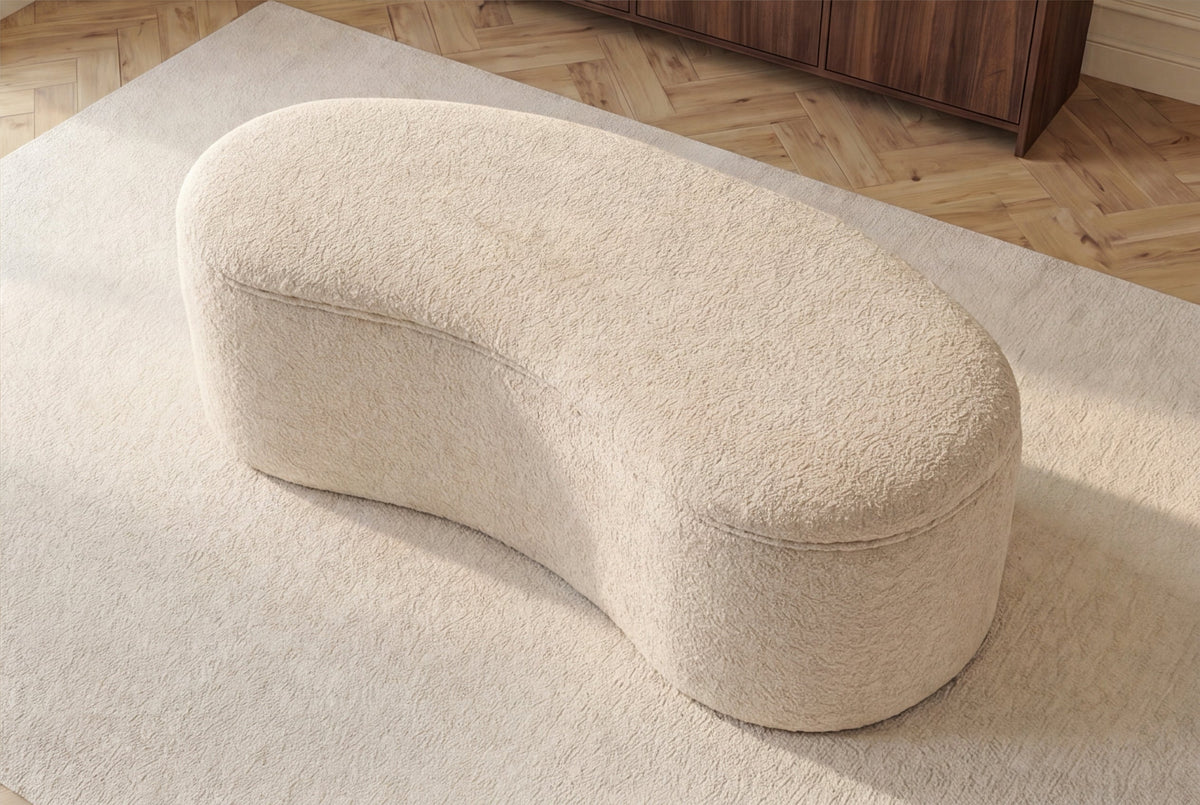 Extravagante banquette rembourrée ELEMENTAL 120cm beige champagne tricot fin bouclé avec rangement