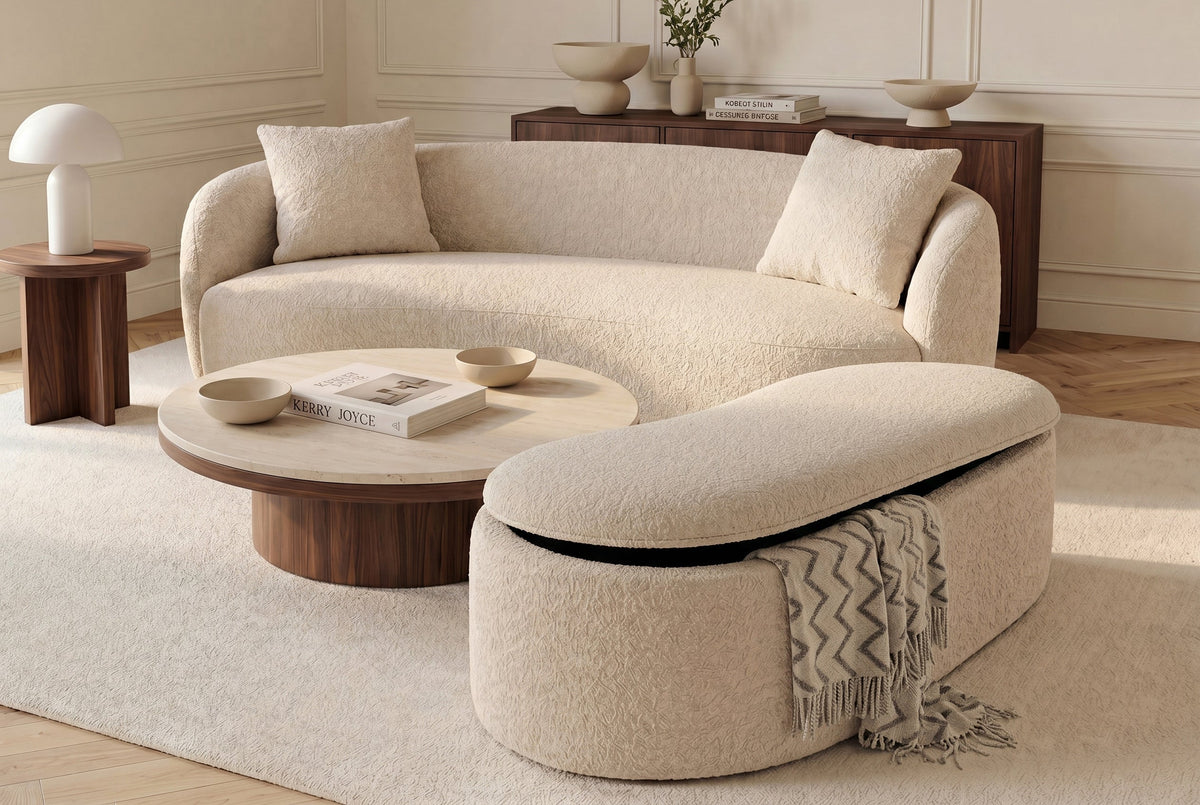 Extravagante banquette rembourrée ELEMENTAL 120cm beige champagne tricot fin bouclé avec rangement